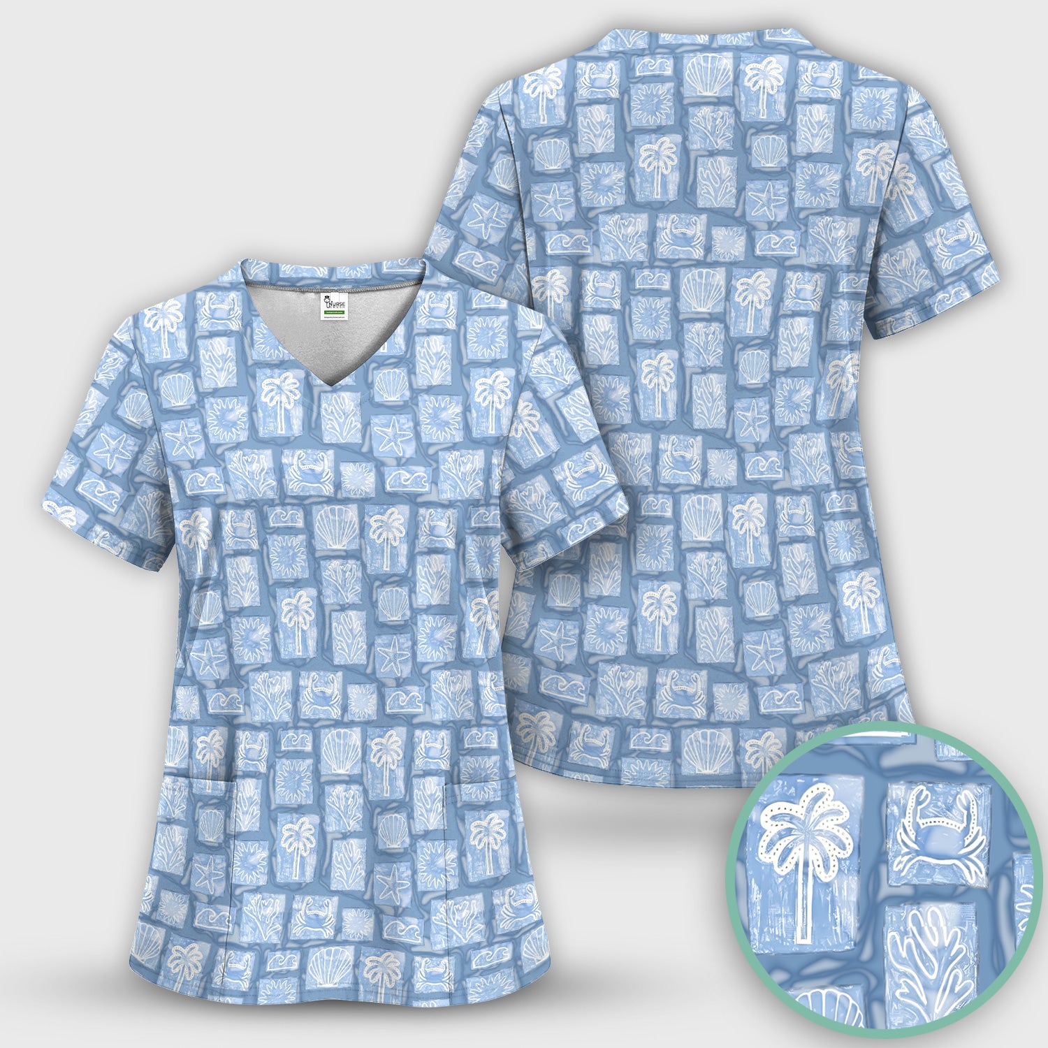Cute Coastal Seashell Starfish Nurse Pattern Scrub Set, Scrub Pants and V Neck Top