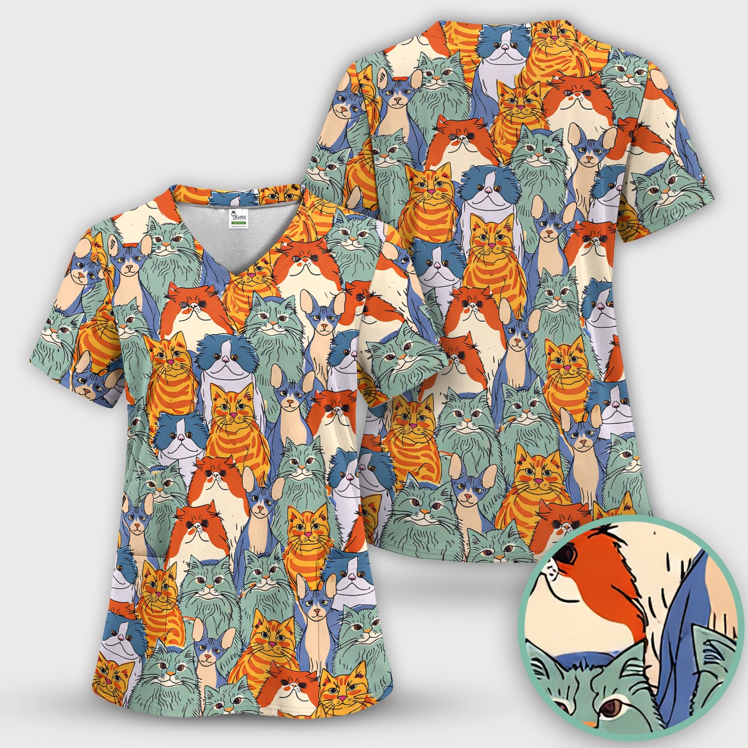 Cute Multicolor Cat Faces Illustration Pattern Scrub Top, Comfortable Scrubs for Nurses