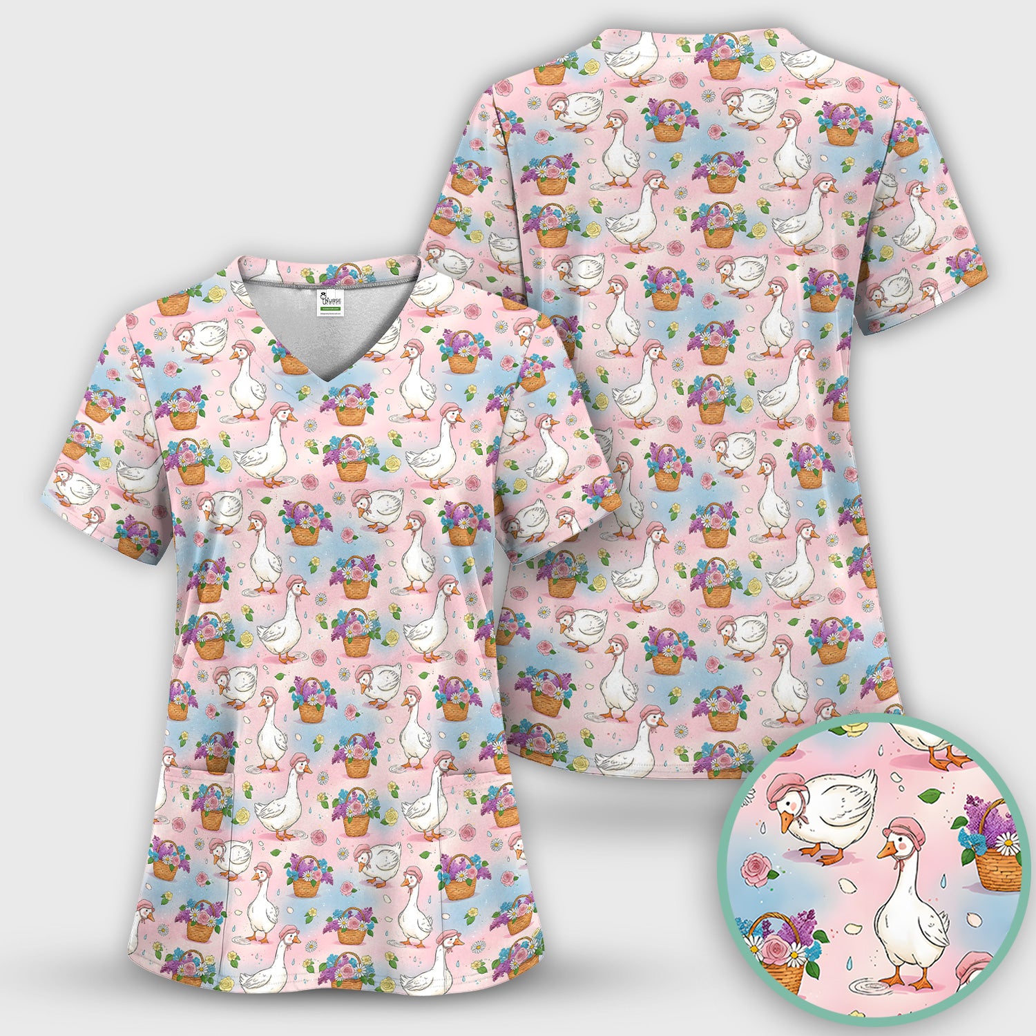 Cute Spring Goose Flower Basket Pattern Scrub Set, Scrub Pants and V Neck Top