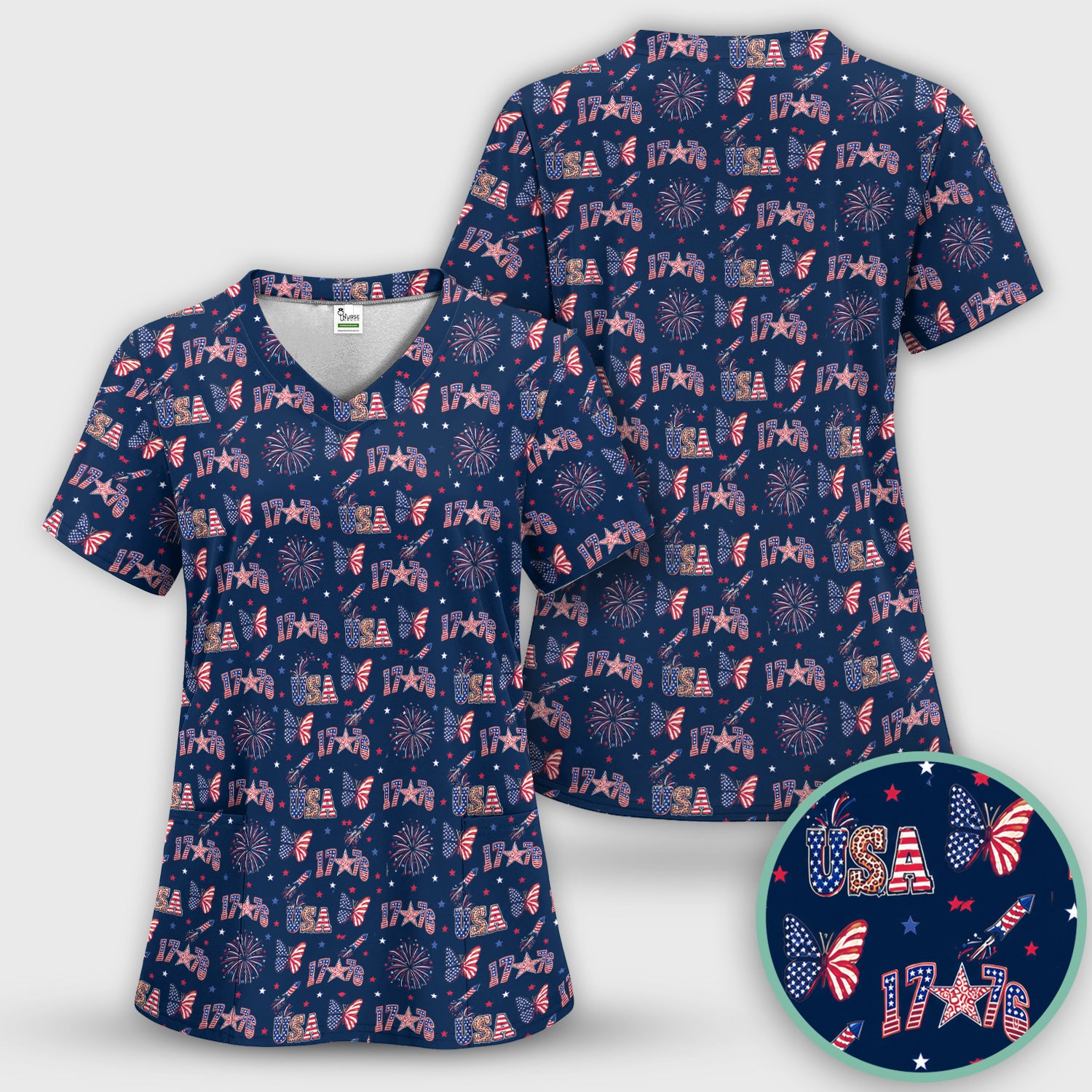 USA Fireworks Butterfly Pattern Scrub Set, Scrub Pants and V Neck Top