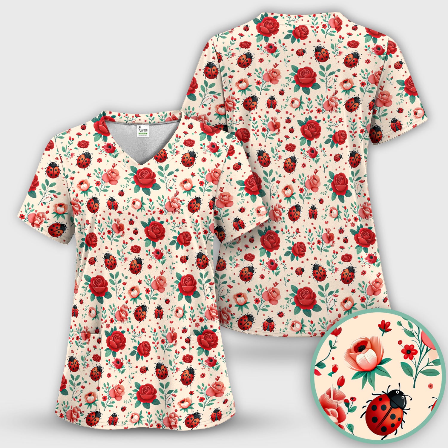 Cute Ladybug Red Rose Floral Pattern Scrub Top, Breathable Fabrics Nursing Uniform
