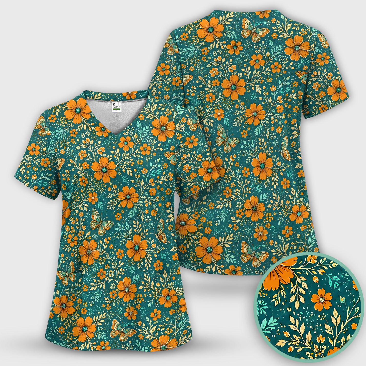 Orange Floral Butterfly Vine Pattern Scrub Top, Comfortable Scrubs for Nurses