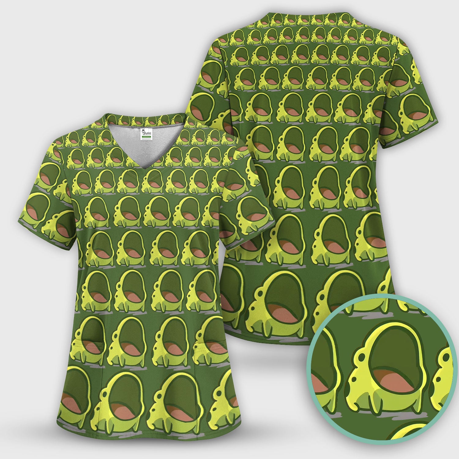 Cute Green Frog Cartoon Pattern Scrub Top, Breathable Fabrics Nursing Uniform