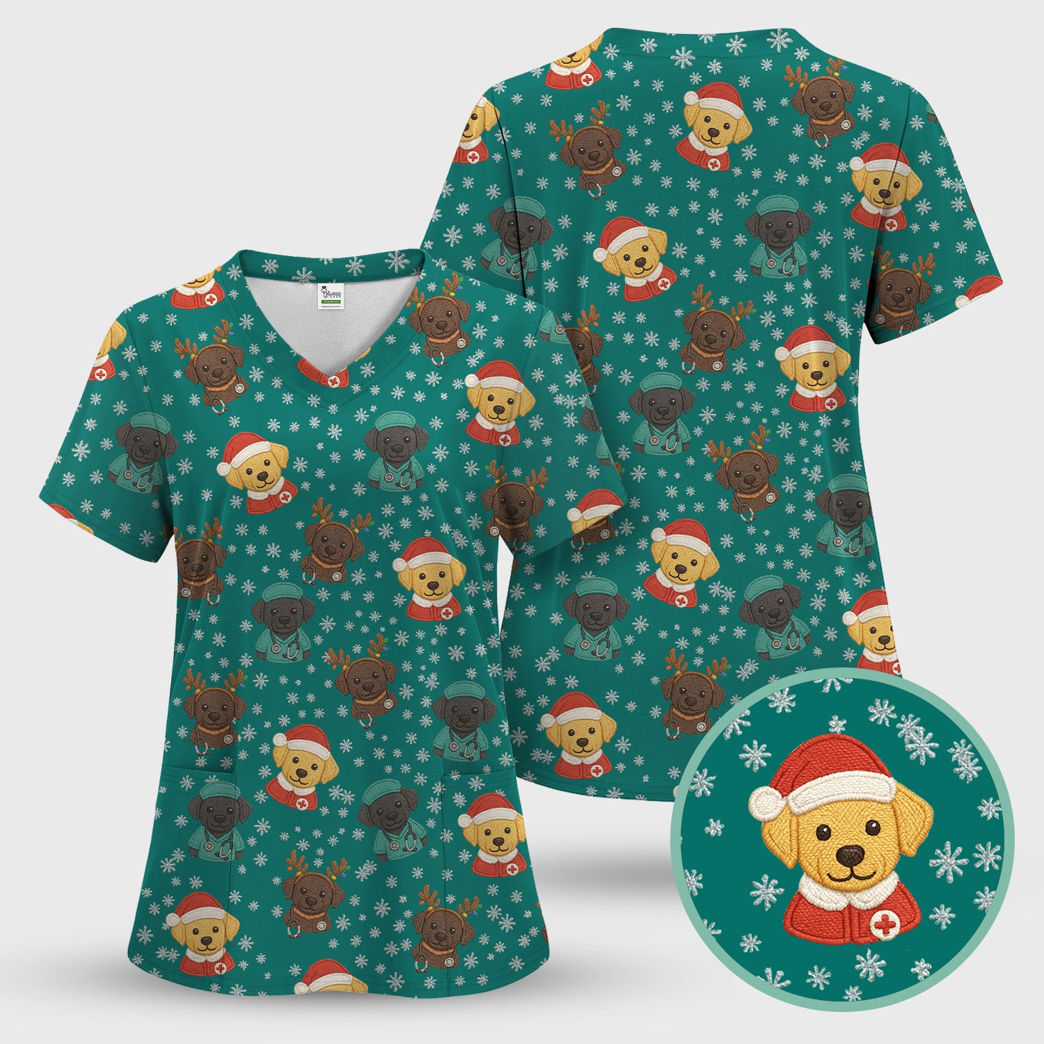 Christmas Dog Pattern Scrub Top, Cute Puppy Nurse Scrub Shirt, Holiday Nursing Uniform