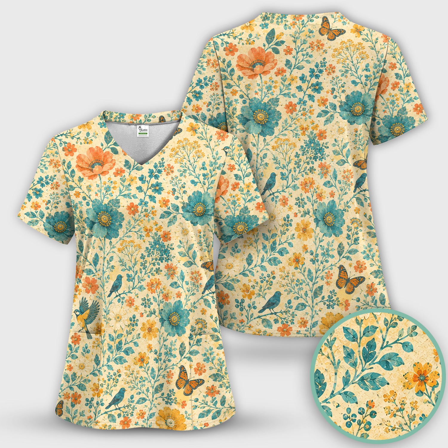 Vintage Floral Bird Butterfly Pattern Scrub Set, Scrub Pants and V Neck Top