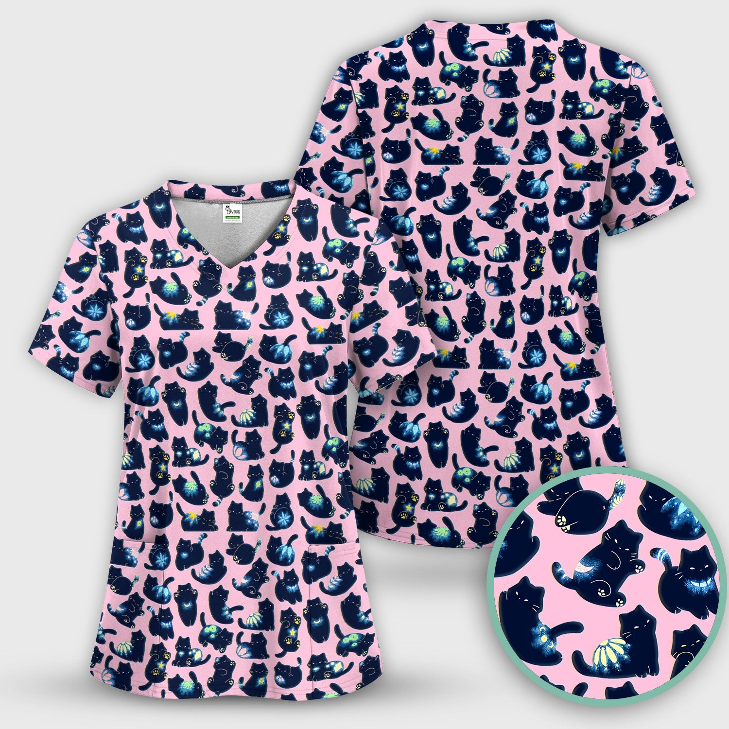Midnight Cat Scrub Top, Black Cat Pattern Nurse Shirt, Breathable Fabrics Nursing Uniform