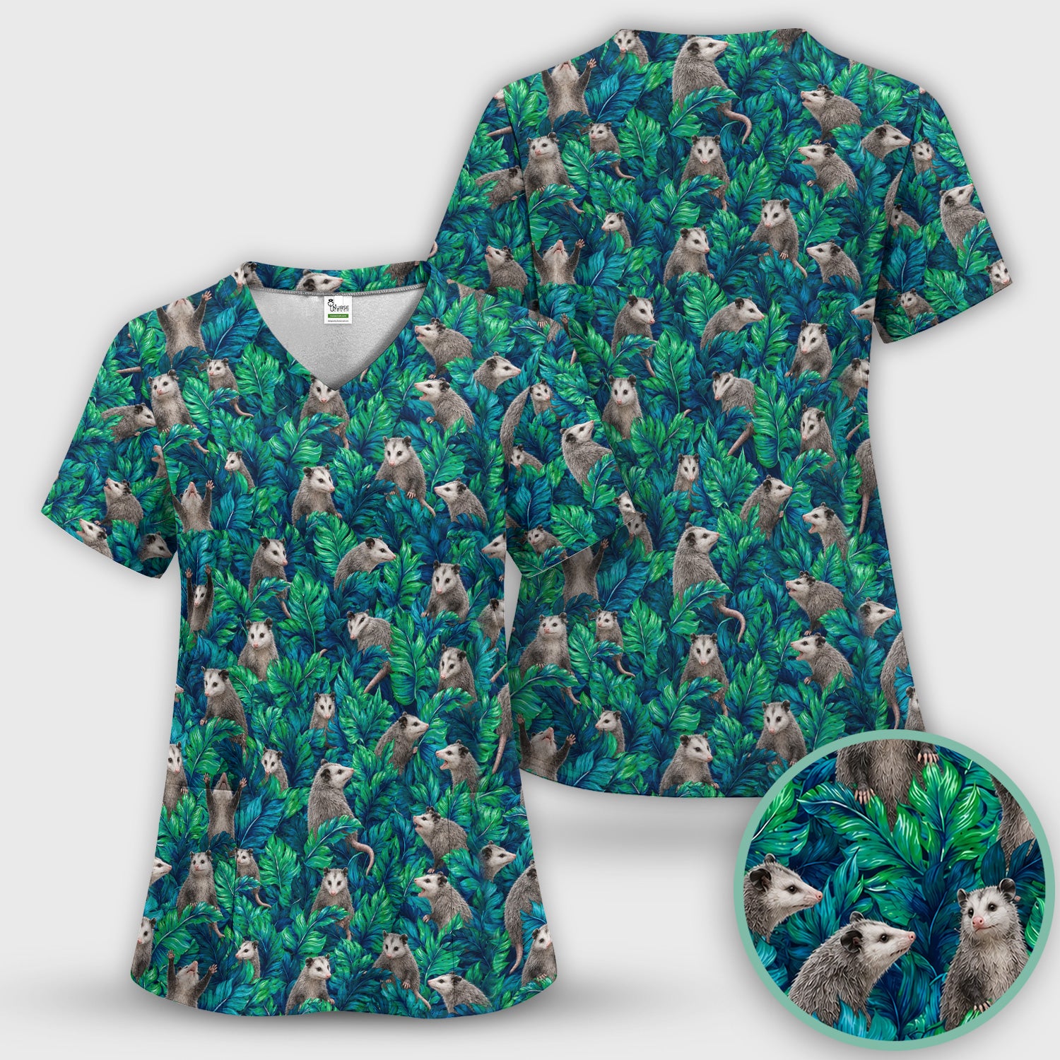 Tropical Opossum Jungle Leaves Pattern Scrub Set, Scrub Pants and V Neck Top