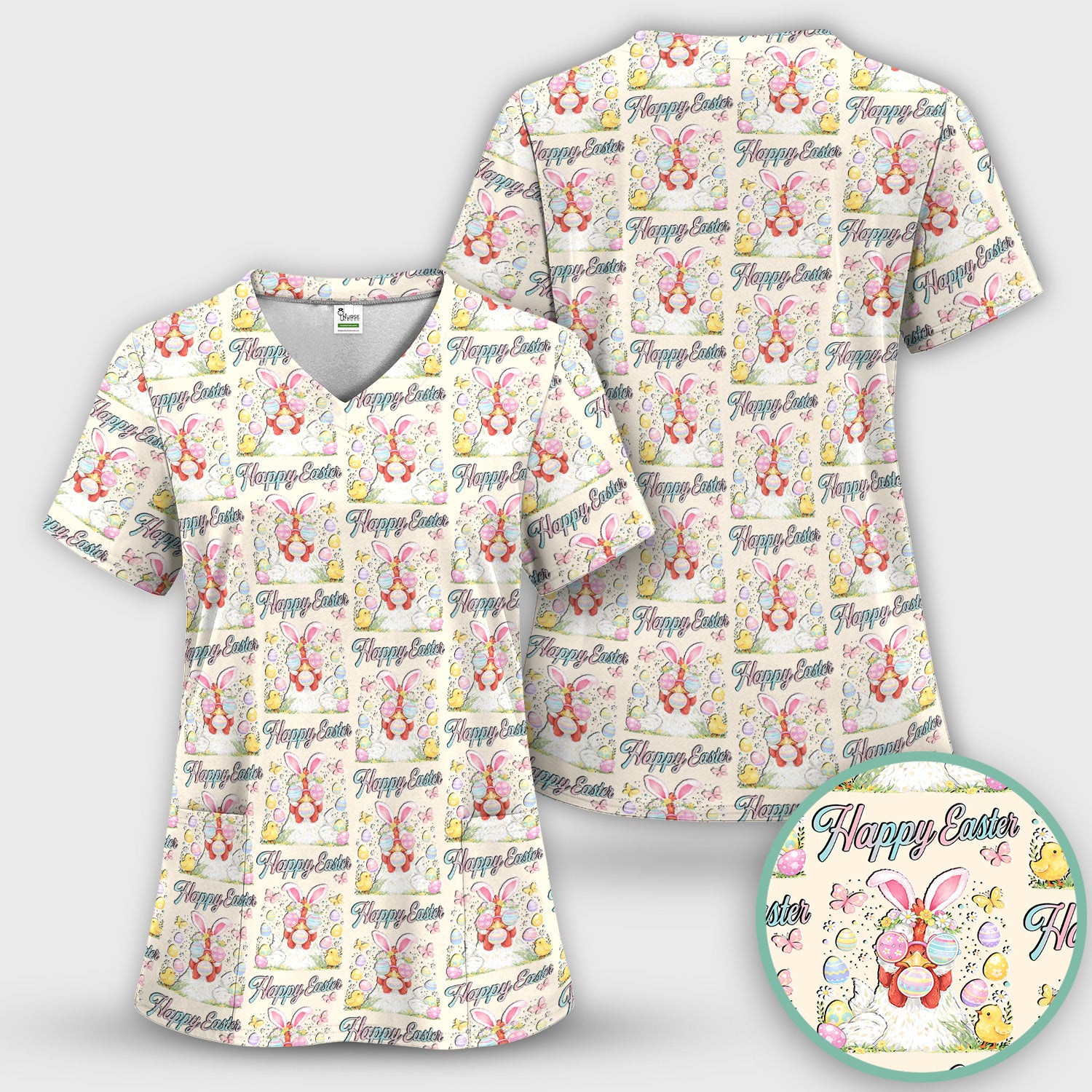 Happy Easter Bunny Eggs Pattern Scrub Top, Comfortable Scrubs for Nurses