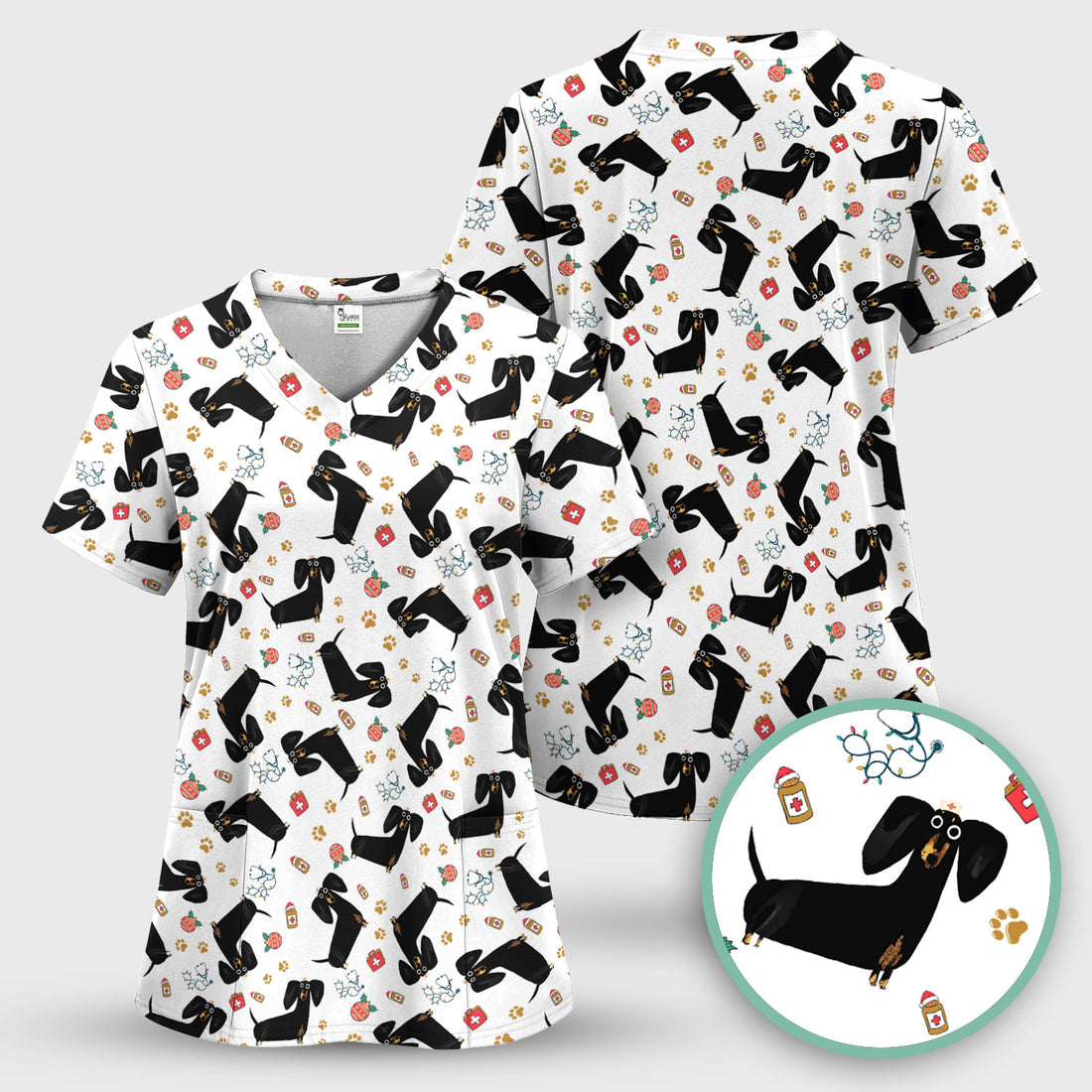 Funny Wiener Dog Scrub Top for Nurses - Cute Black Dachshund Medical Shirt - Dog Lover Nursing Uniform Gift for Women
