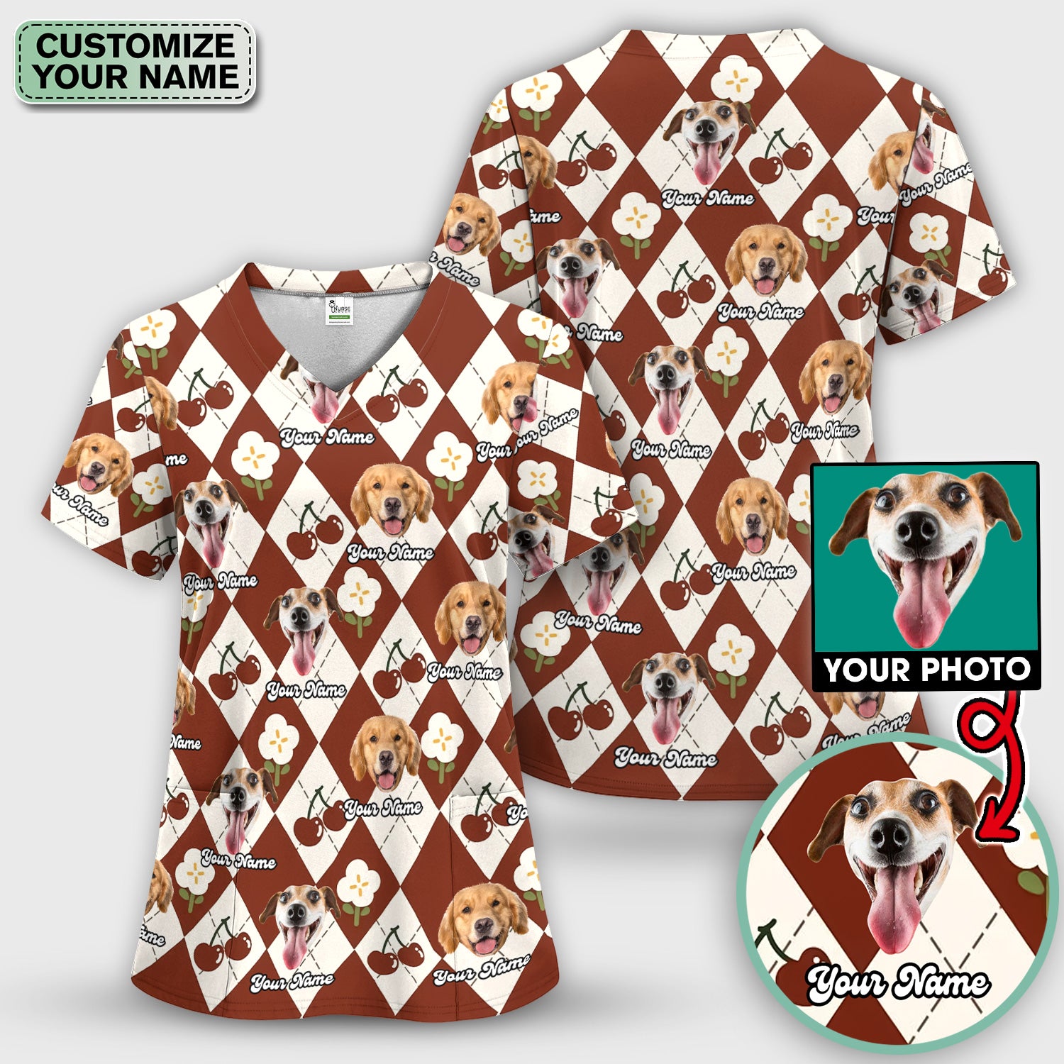 Custom Dog Face Scrub Set, Playful Dog Cherry Argyle Pattern Shirt, Breathable Fabrics Nursing Uniform