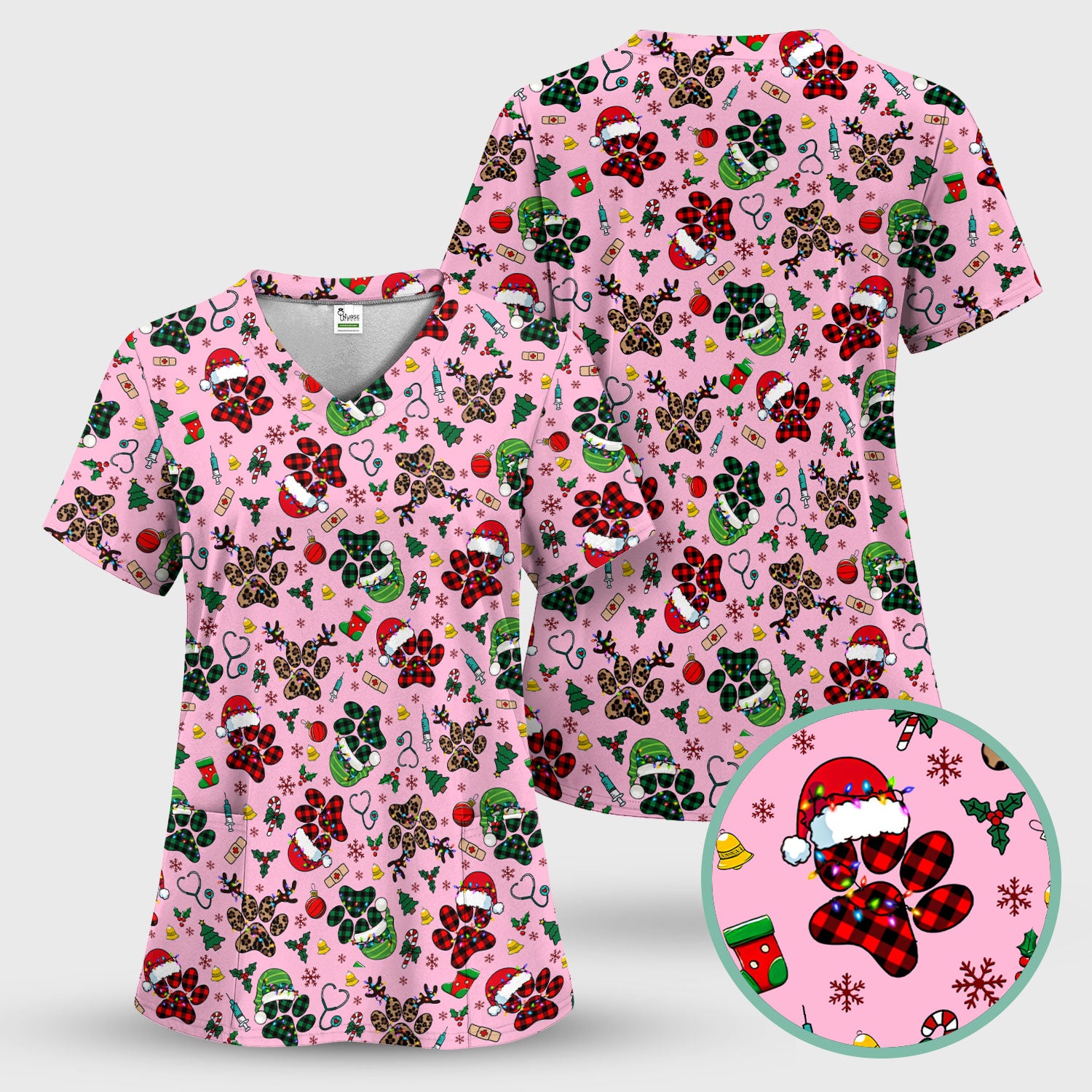 Christmas Paw Print Scrub Top for Nurses - Cute Leopard Holiday Pattern - Funny Festive Medical Uniform Gift