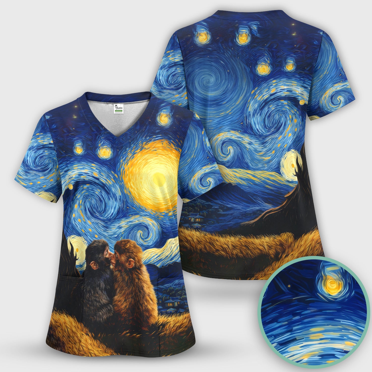 Romantic Monkey Couple Night Sky Pattern Scrub Set, Women's Scrub Sets