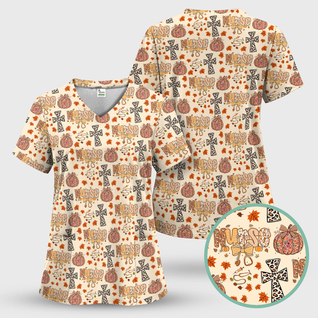 I Will Praise Him In Every Season - Boho Pumpkin Leopard Cross Fall Scrub Top for Nurse - Thanksgiving Med Uniform for Women