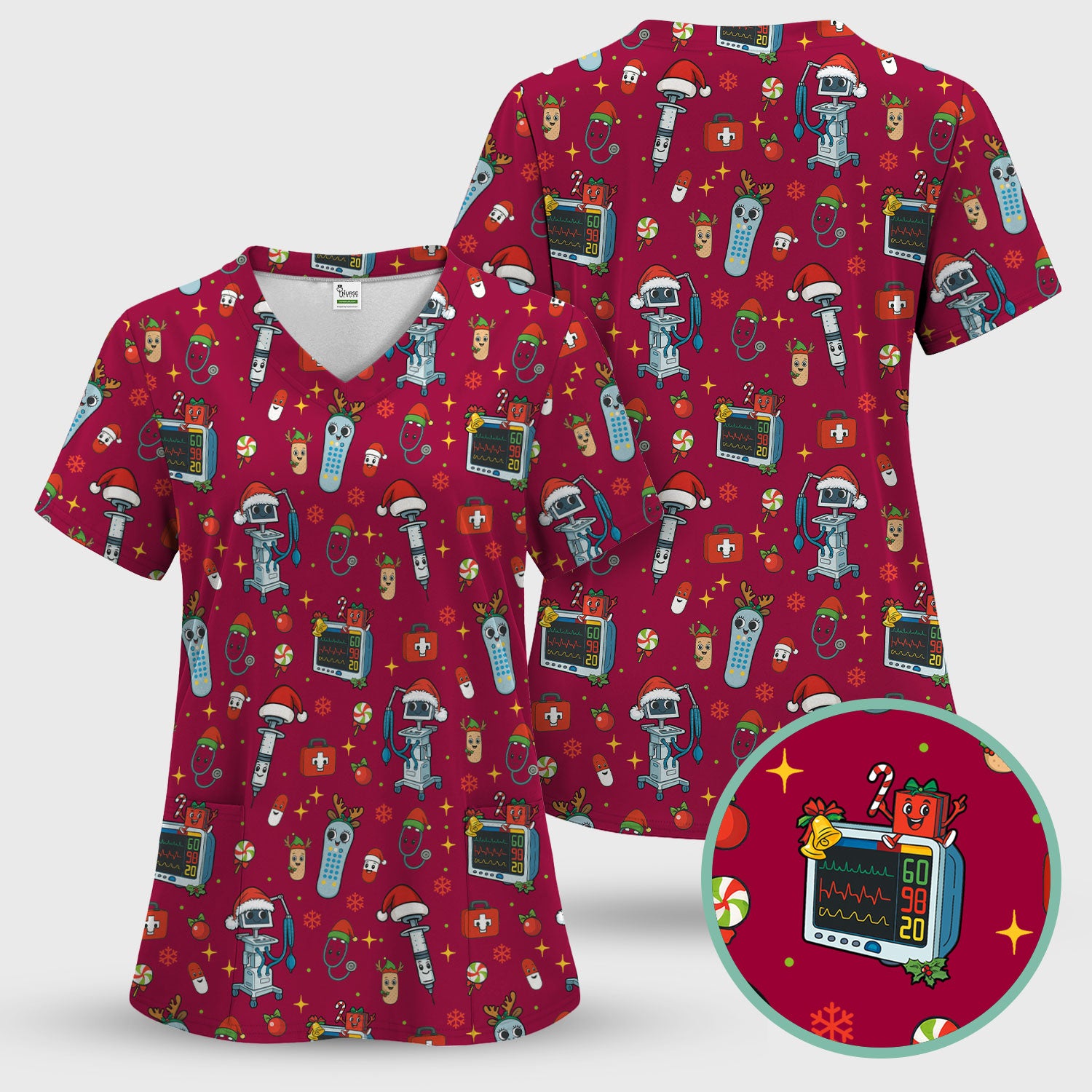 Christmas Nurse Scrub Set - Funny Robot and Reindeer Pattern Medical Scrubs - Cute Holiday Matching Set for Women Nurses