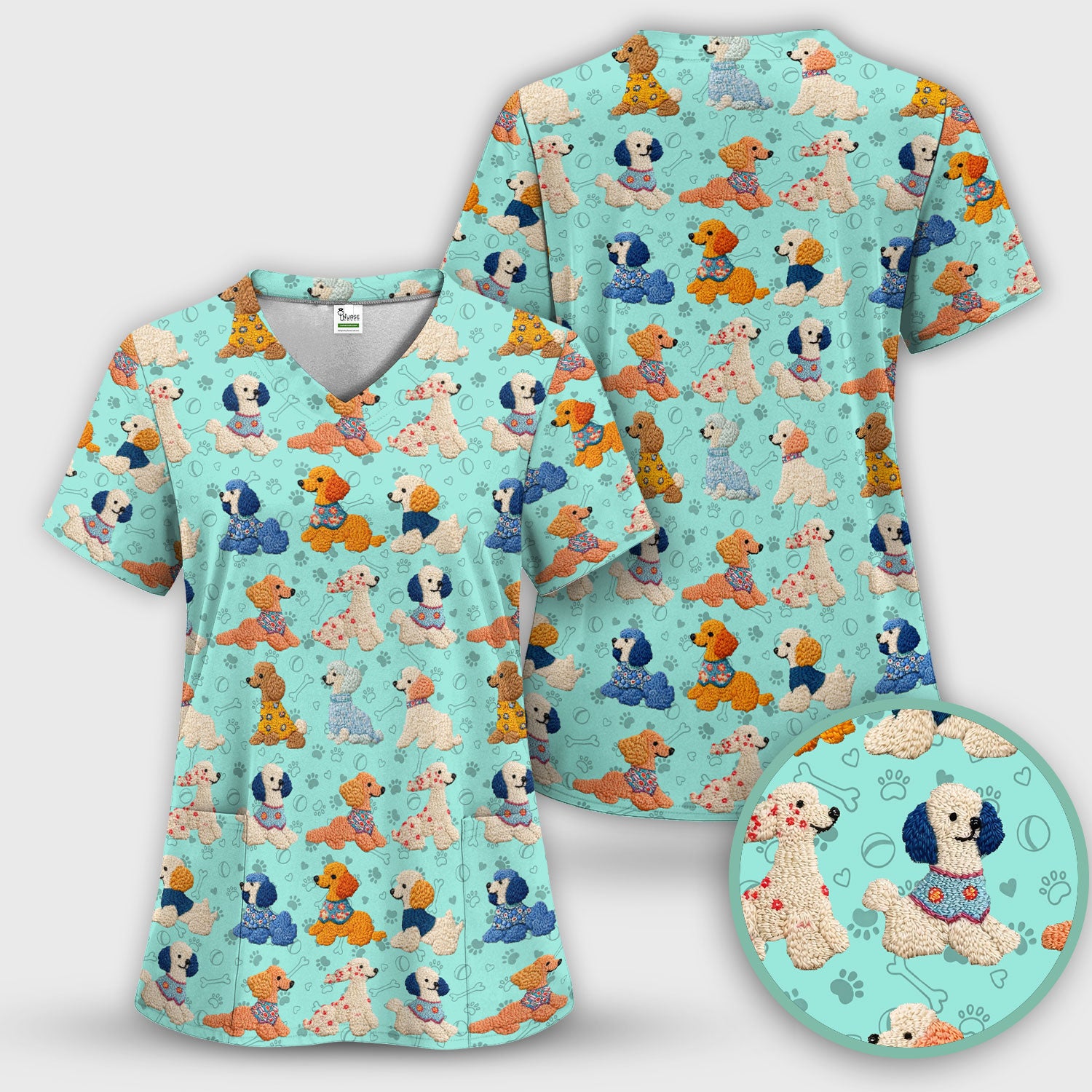 Cute Colorful Poodle Pattern Scrub Top, Comfortable Scrubs for Nurses