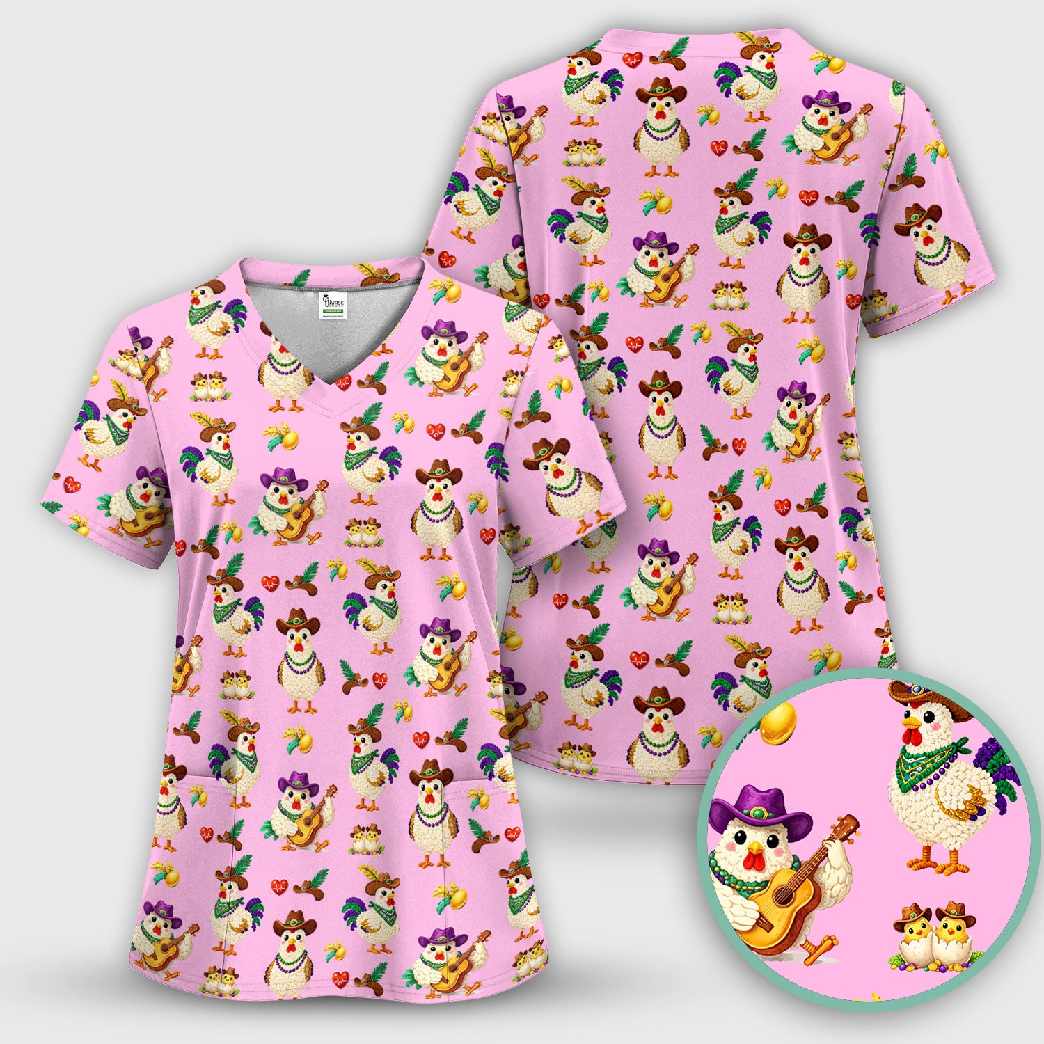 Funny Mardi Gras Rooster Cowboy Print Scrub Top, Comfortable Scrubs for Nurses