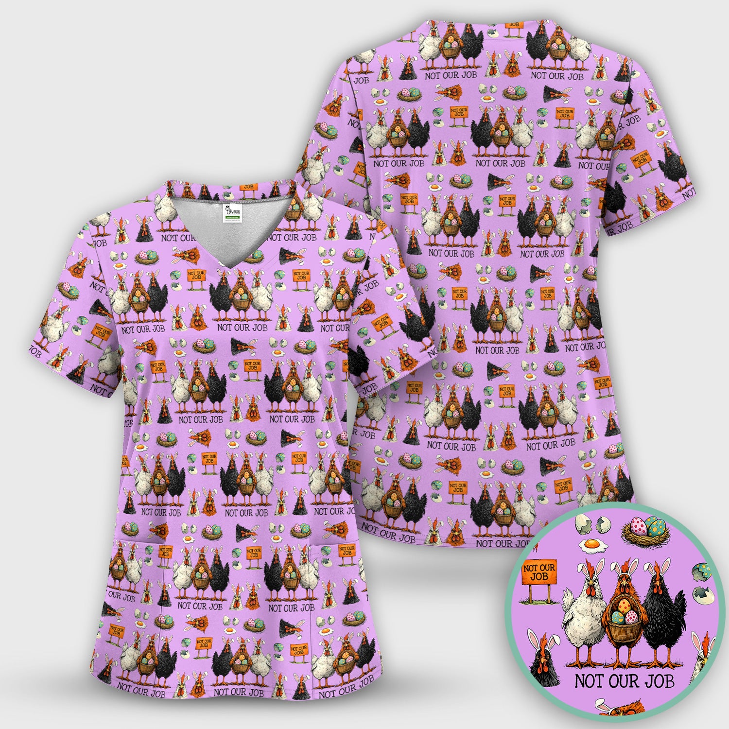 Funny Easter Chicken Humor Pattern Scrub Top, Comfortable Scrubs for Nurses