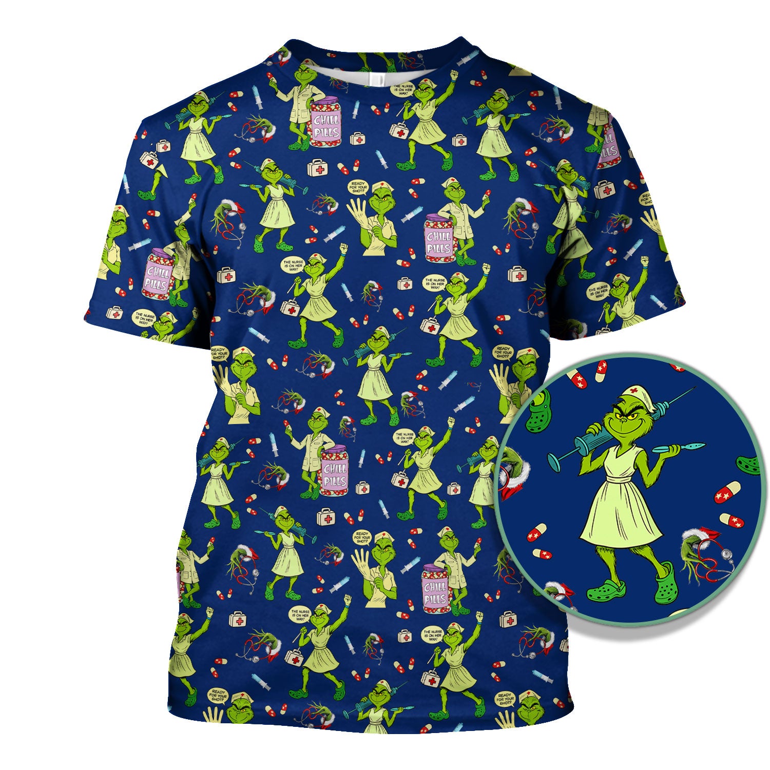 Funny Grinch Nurse Scrub Top Multi Color - Chill Pills Nursing Scrub Shirt - Cute Christmas Holiday Workwear with Pockets