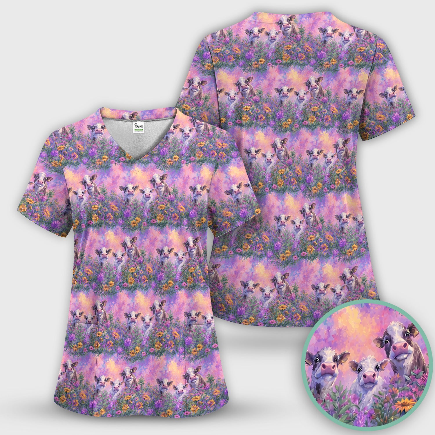 Pastel Cow Meadow Flower Pattern Scrub Top, Comfortable Scrubs for Nurses
