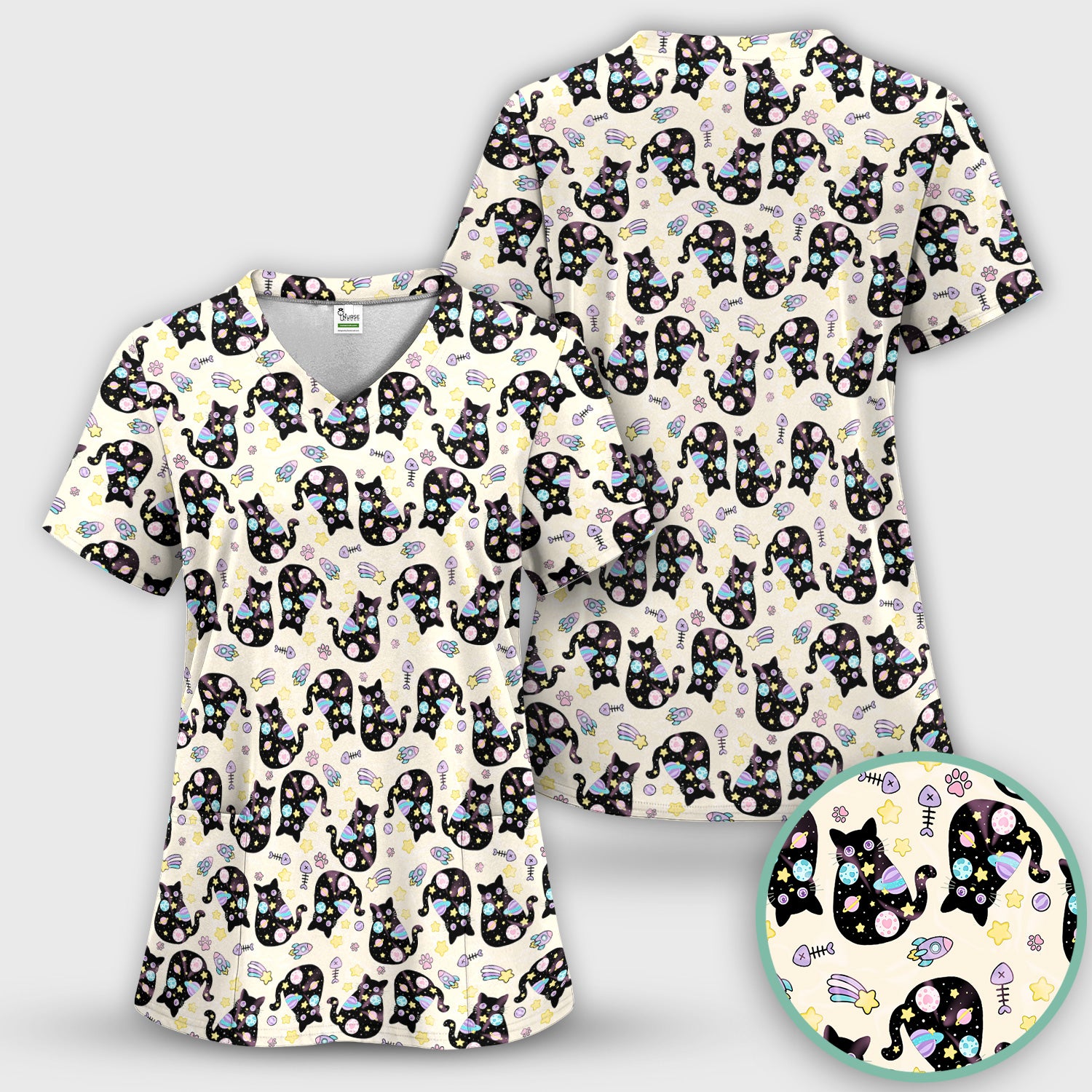 Galaxy Black Cat Space Pattern Scrub Top, Breathable Fabrics Nursing Uniform