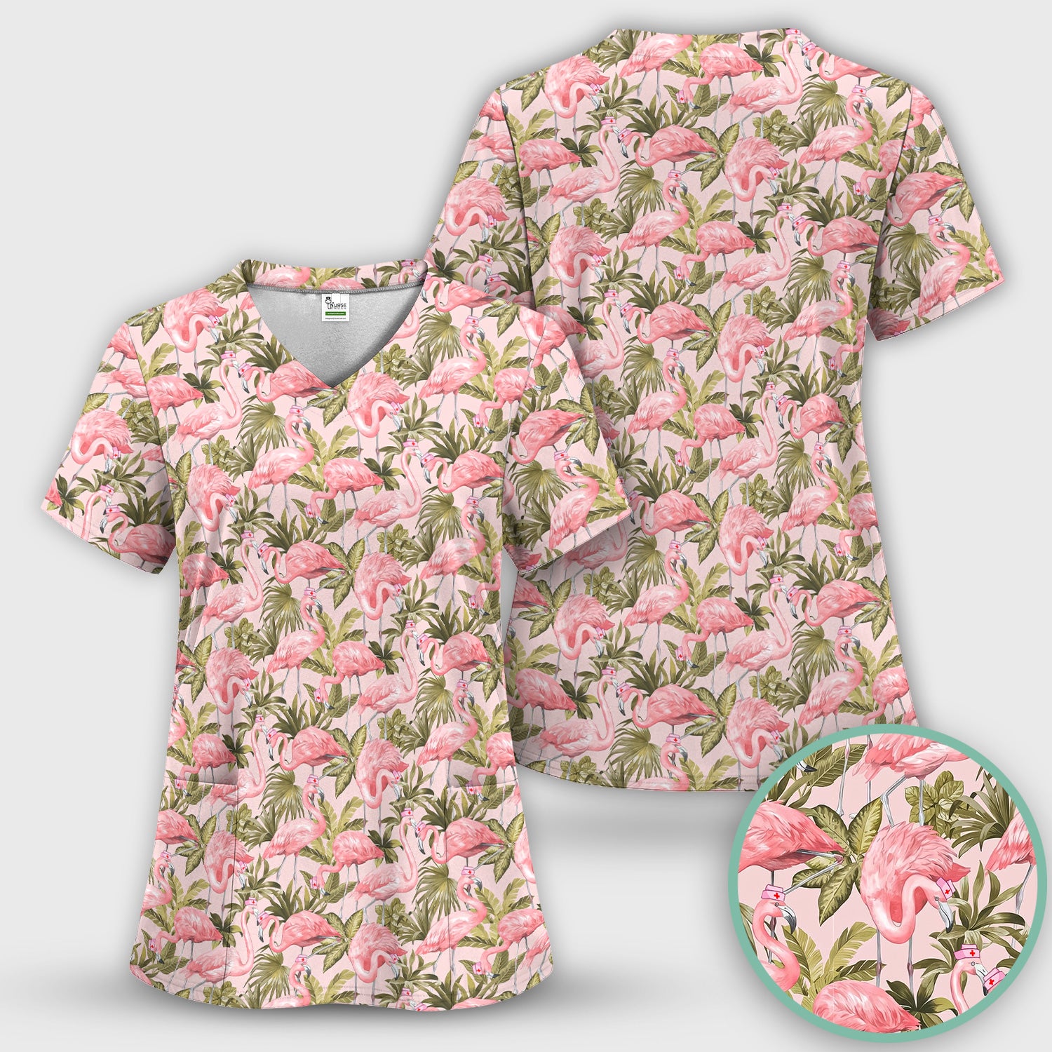 Pink Flamingo Jungle Leaves Pattern Scrub Set, Scrub Pants and V Neck Top