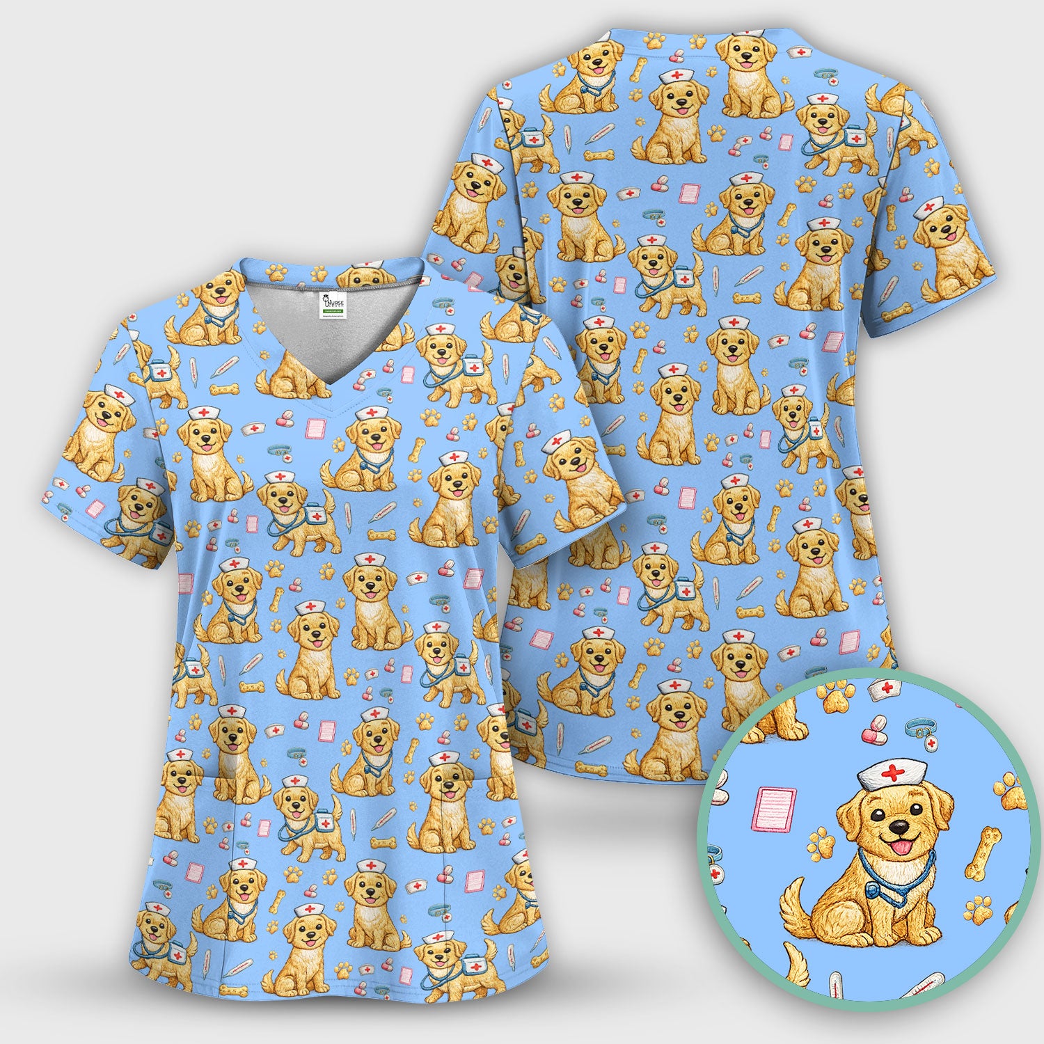 Cute Puppy Nurse Medical Print Scrub Top, Comfortable Scrubs for Nurses