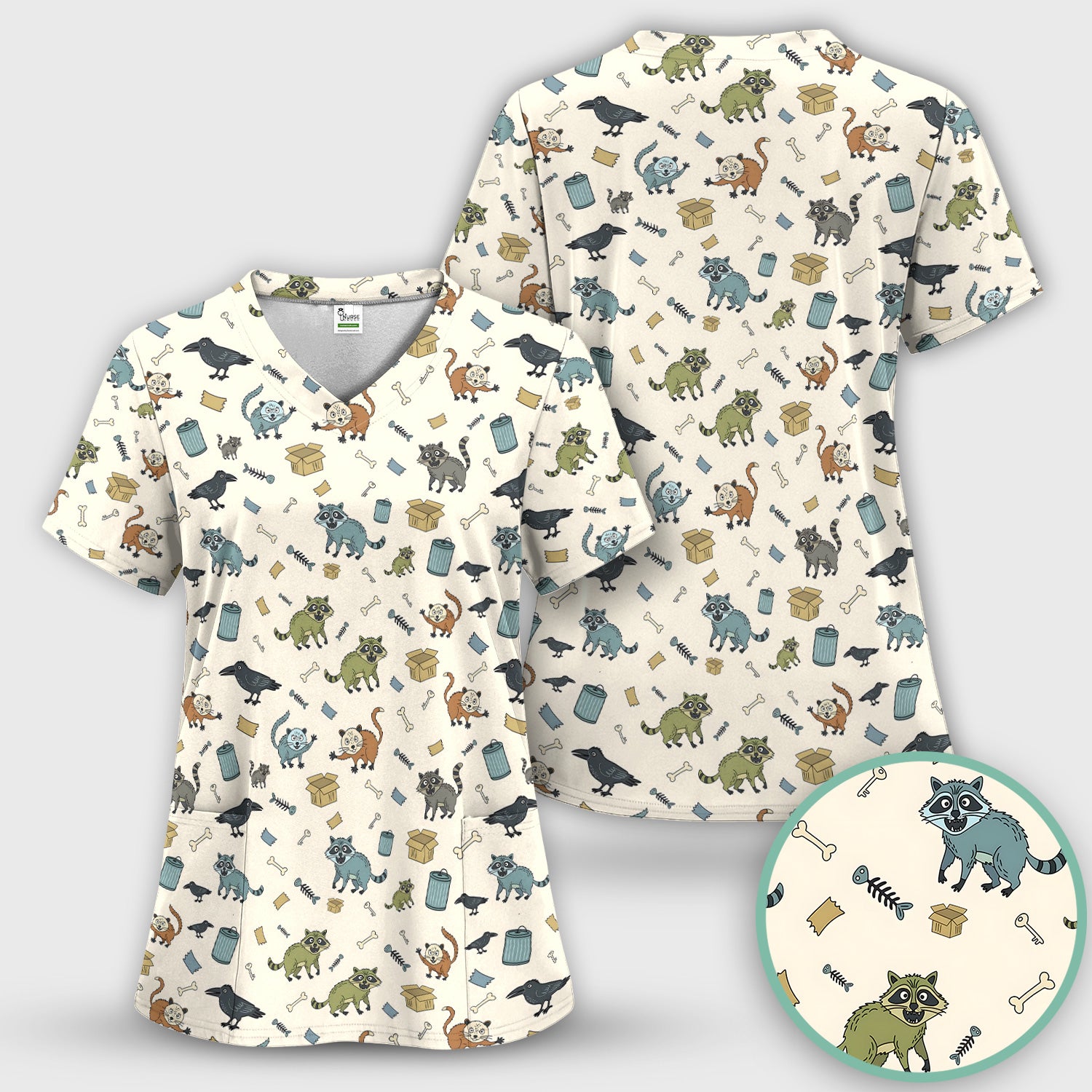 Funny Trash Raccoon Pattern Scrub Set, Scrub Pants and V Neck Top