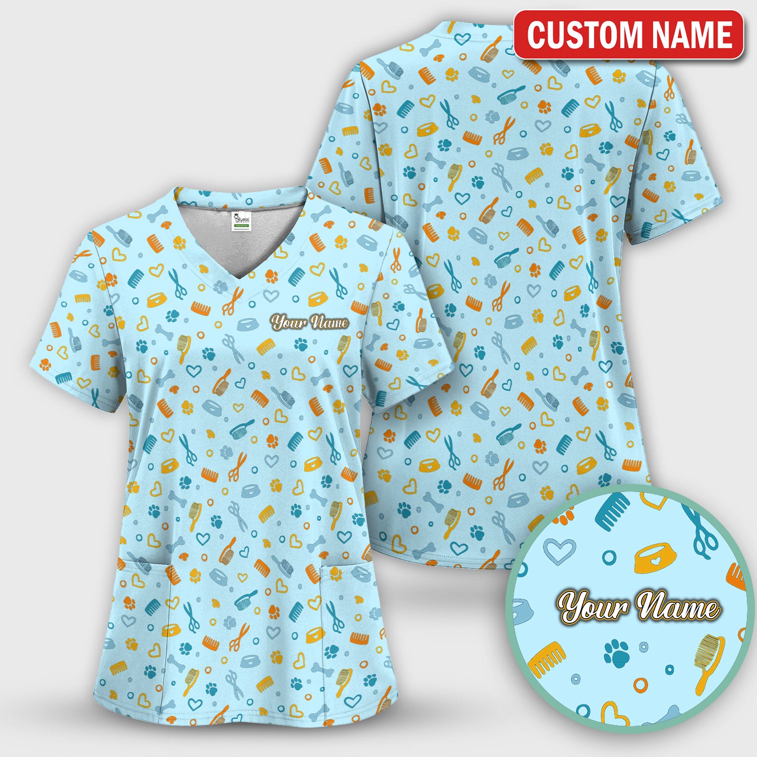 Custom Name Dog Cat Grooming Pattern Scrub Top, Breathable Fabrics Nursing Uniform