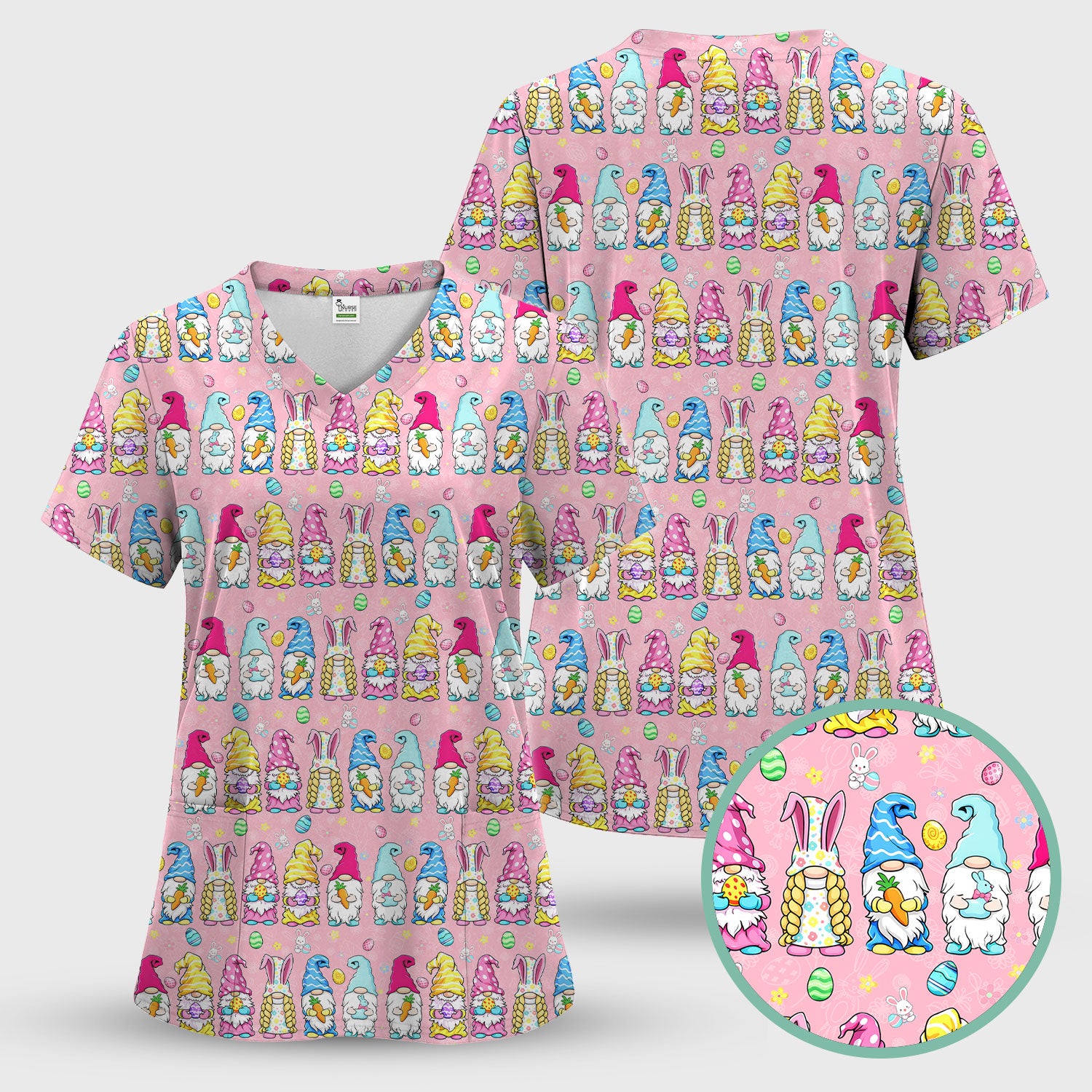 Colorful Easter Gnome Bunny Eggs Print Scrub Top, Comfortable Scrubs for Nurses