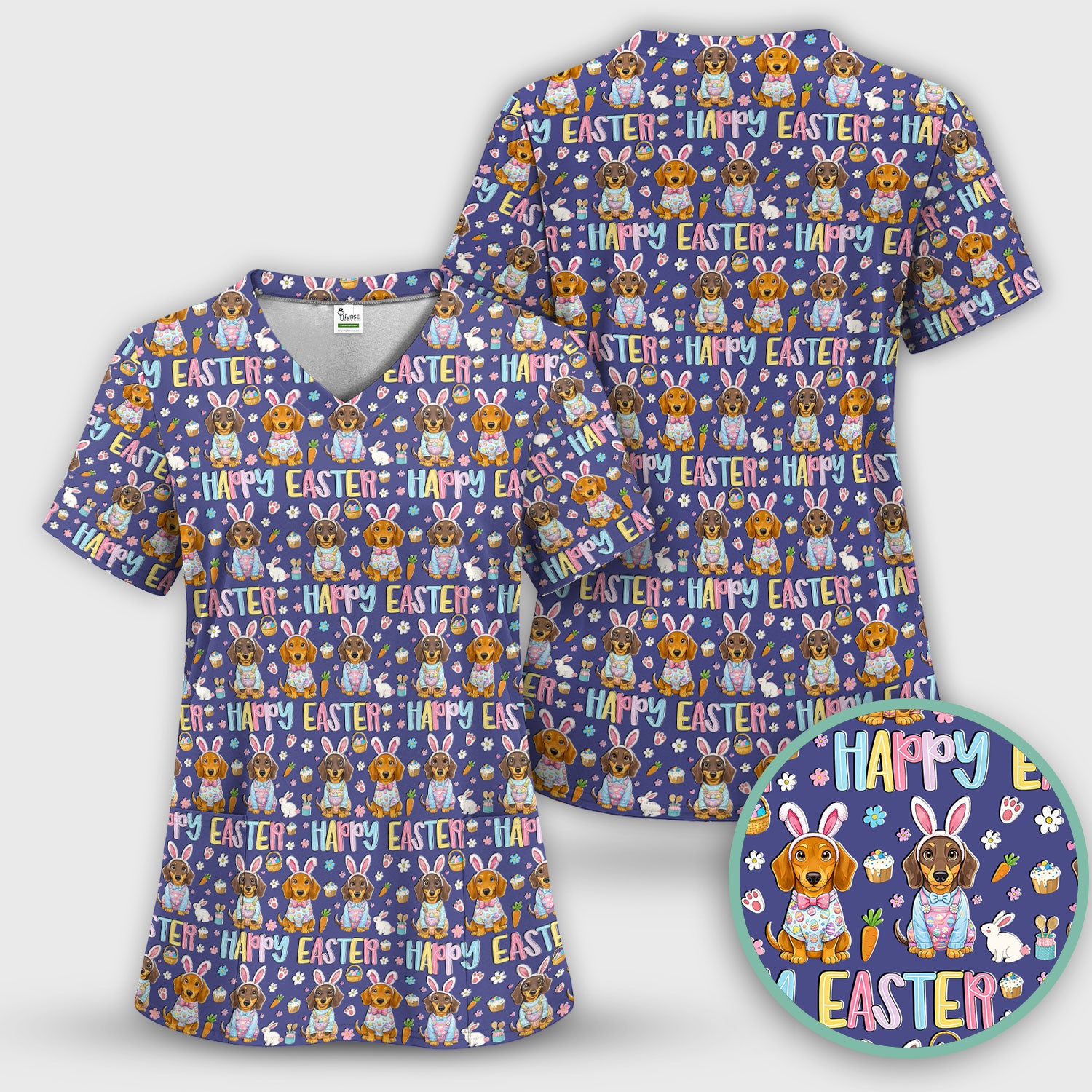 Happy Easter Dachshund Bunny Print Scrub Top, Comfortable Scrubs for Nurses