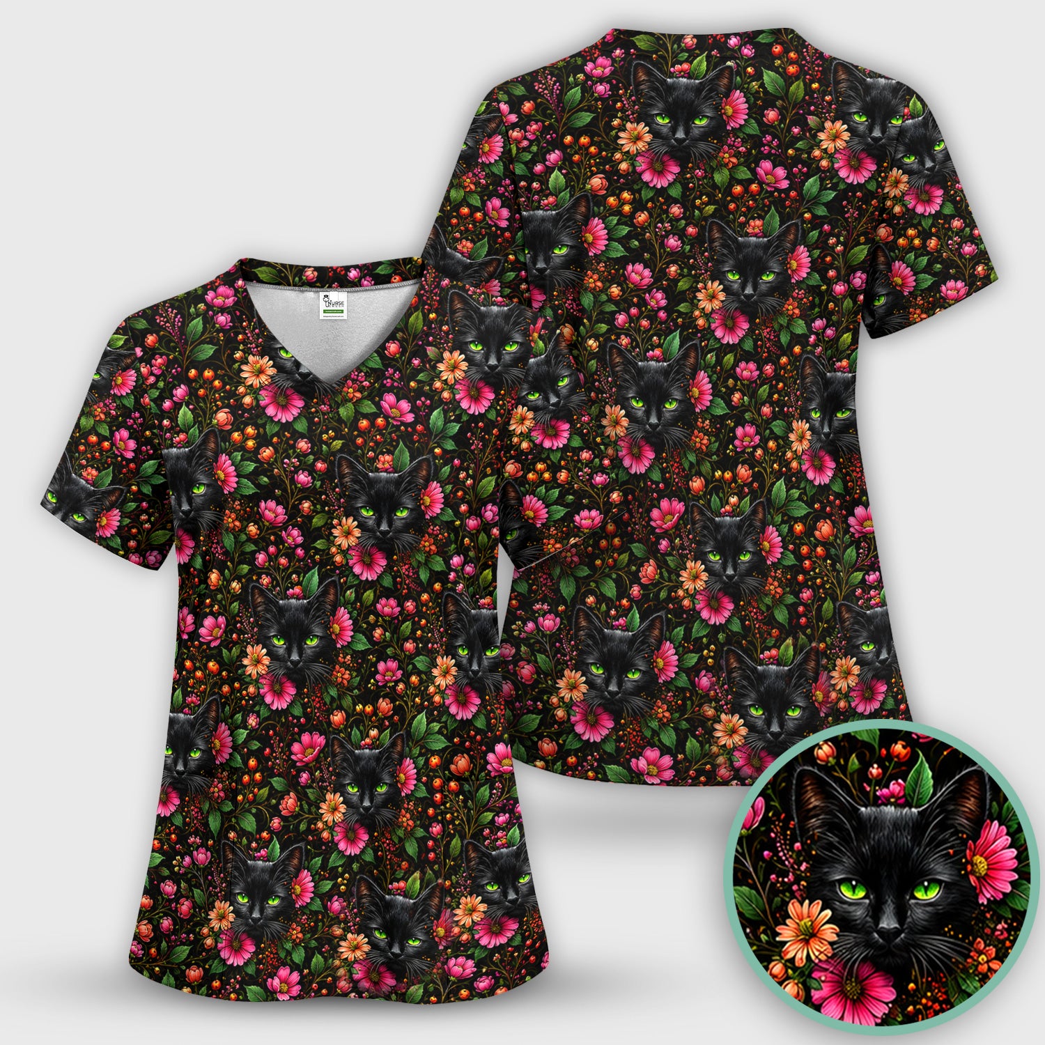 Adorable Black Cat Blossom Pattern Scrub Set, Scrub Pants and V Neck Top