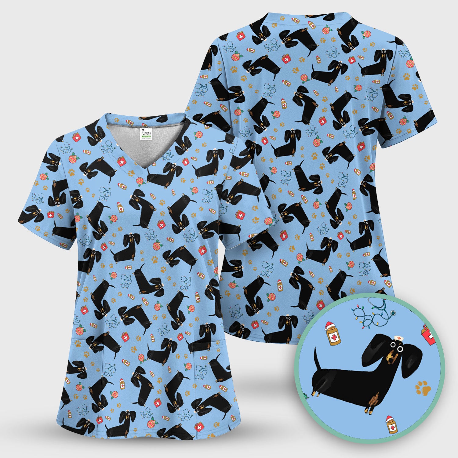 Funny Black Dachshund Scrub Top for Nurses - Cute Wiener Dog Medical Shirt - Puppy Lover Nursing Gift for Women