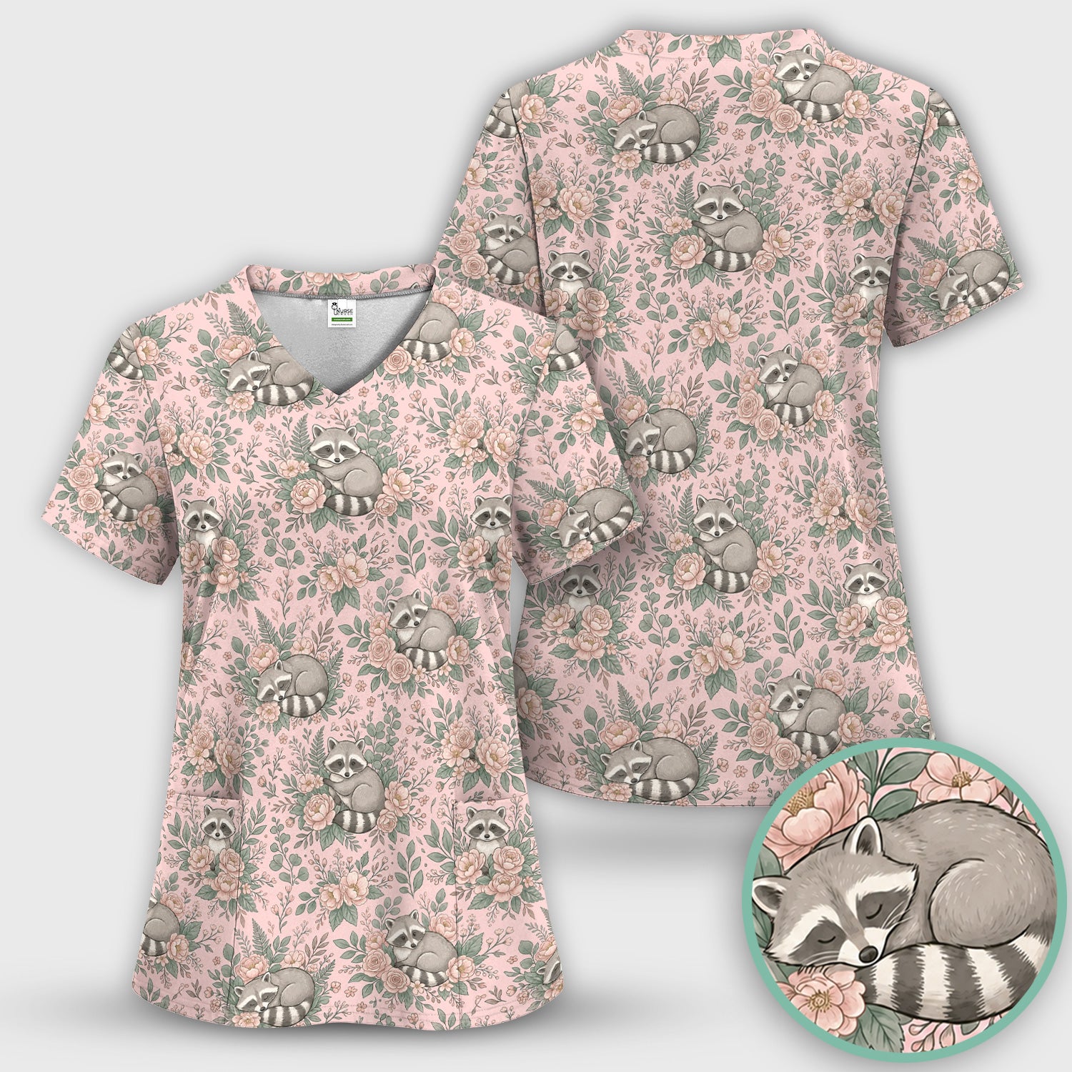 Sleeping Raccoon Rose Garden Pattern Scrub Set, Scrub Pants and V Neck Top