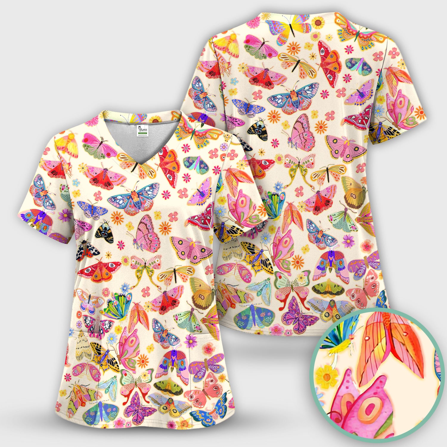 Colorful Butterfly Floral Pattern Scrub Top, Comfortable Scrubs for Nurses