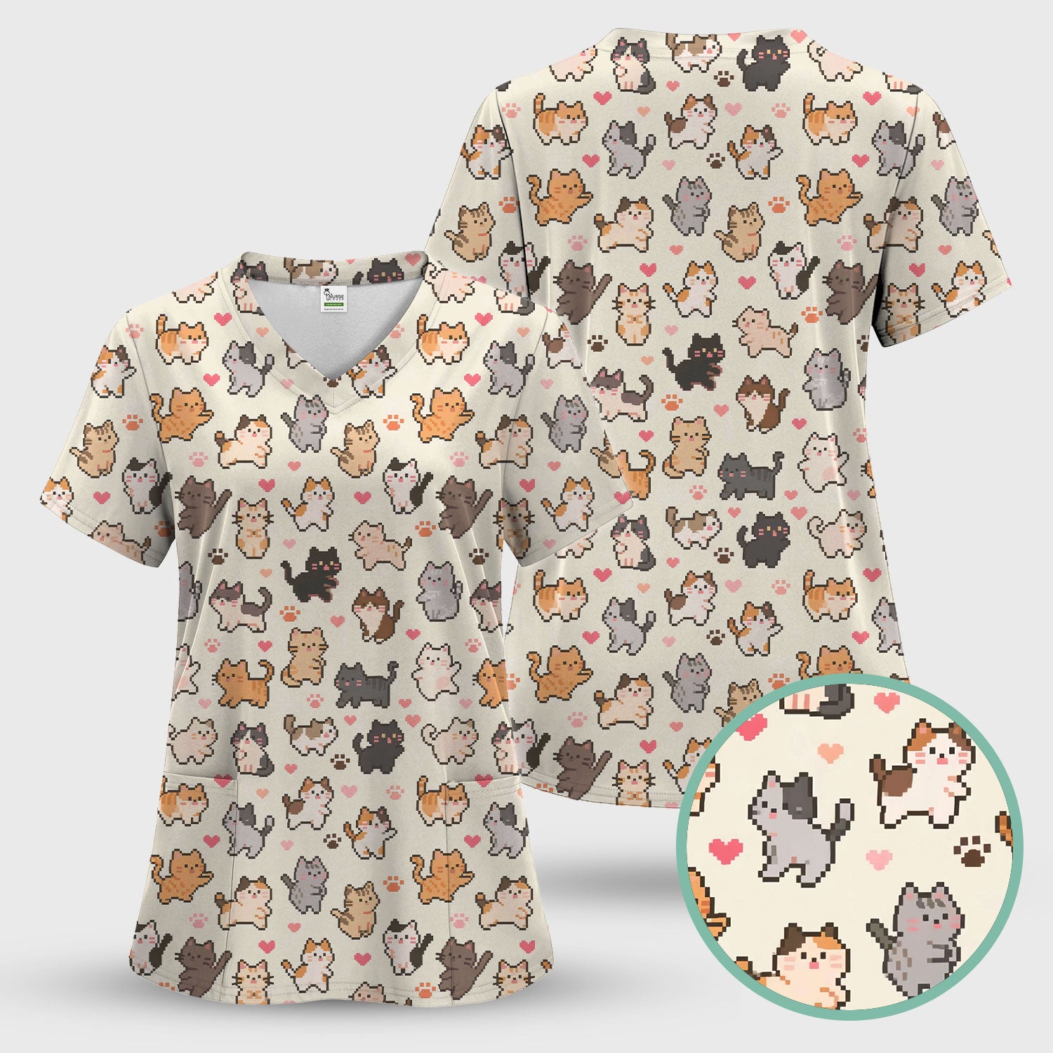 Cute Pixel Cat Heart Paw Pattern Scrub Top, Breathable Fabrics Nursing Uniform