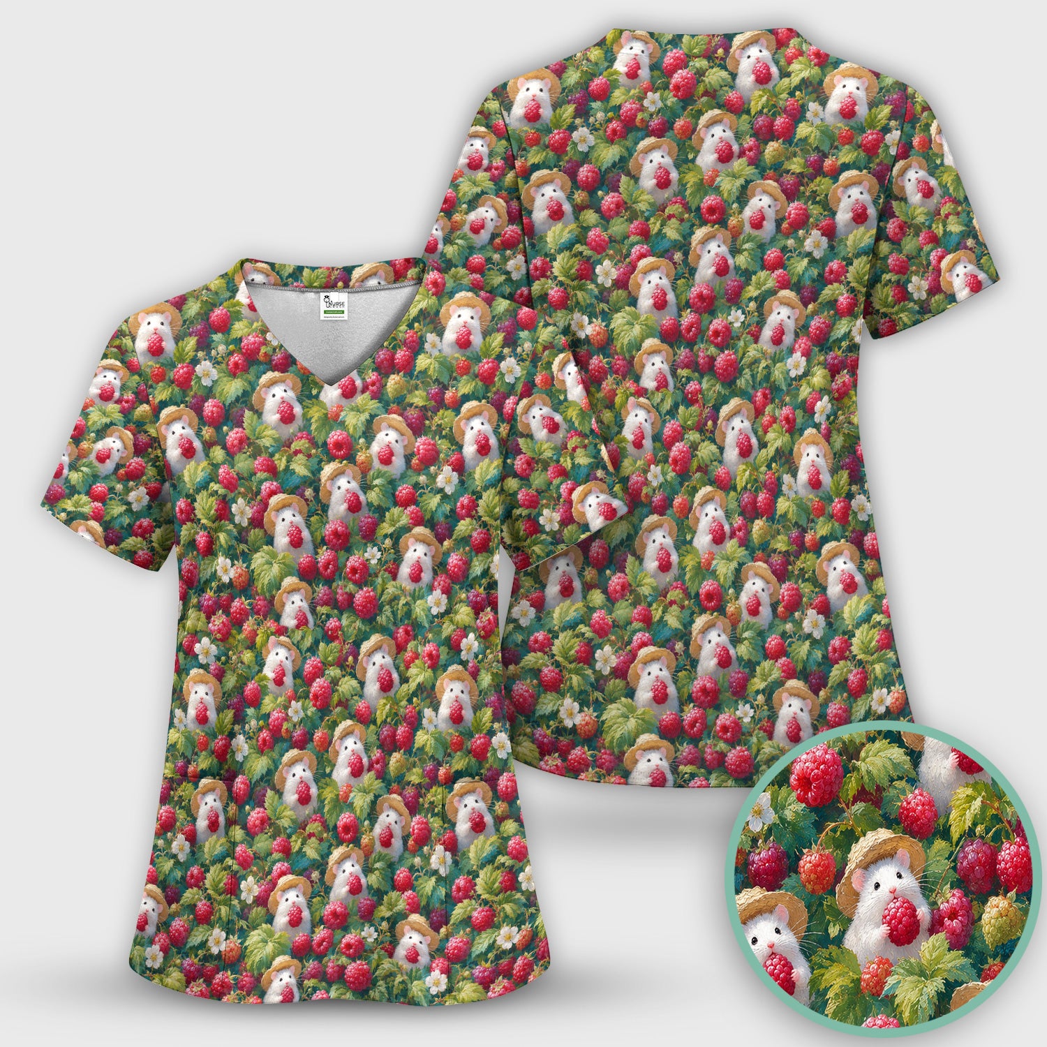 Cute Raspberry Mouse Garden Pattern Scrub Top, Comfortable Scrubs for Nurses