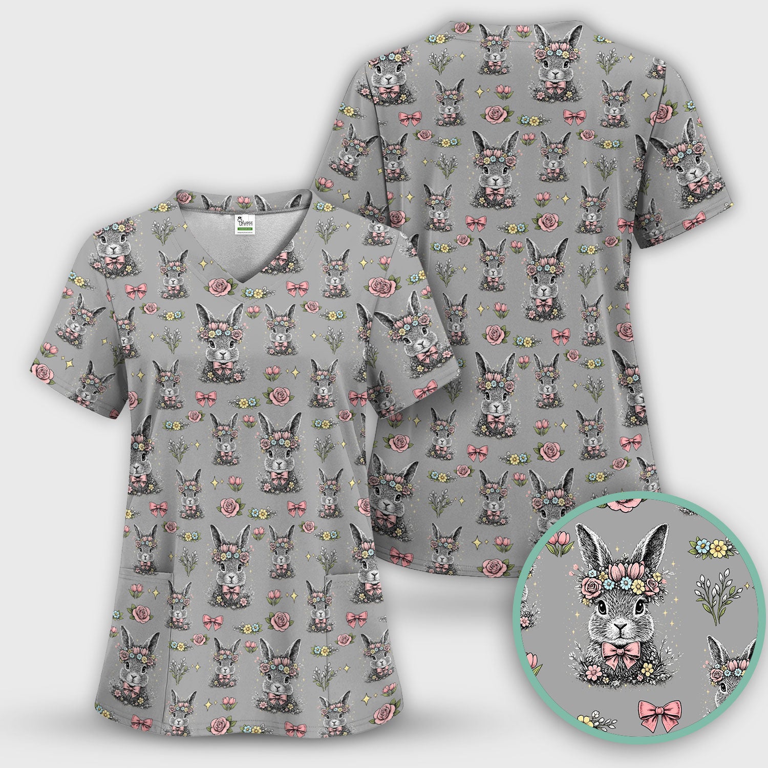 Vintage Floral Bunny Print Scrub Set, Scrub Pants and V Neck Top