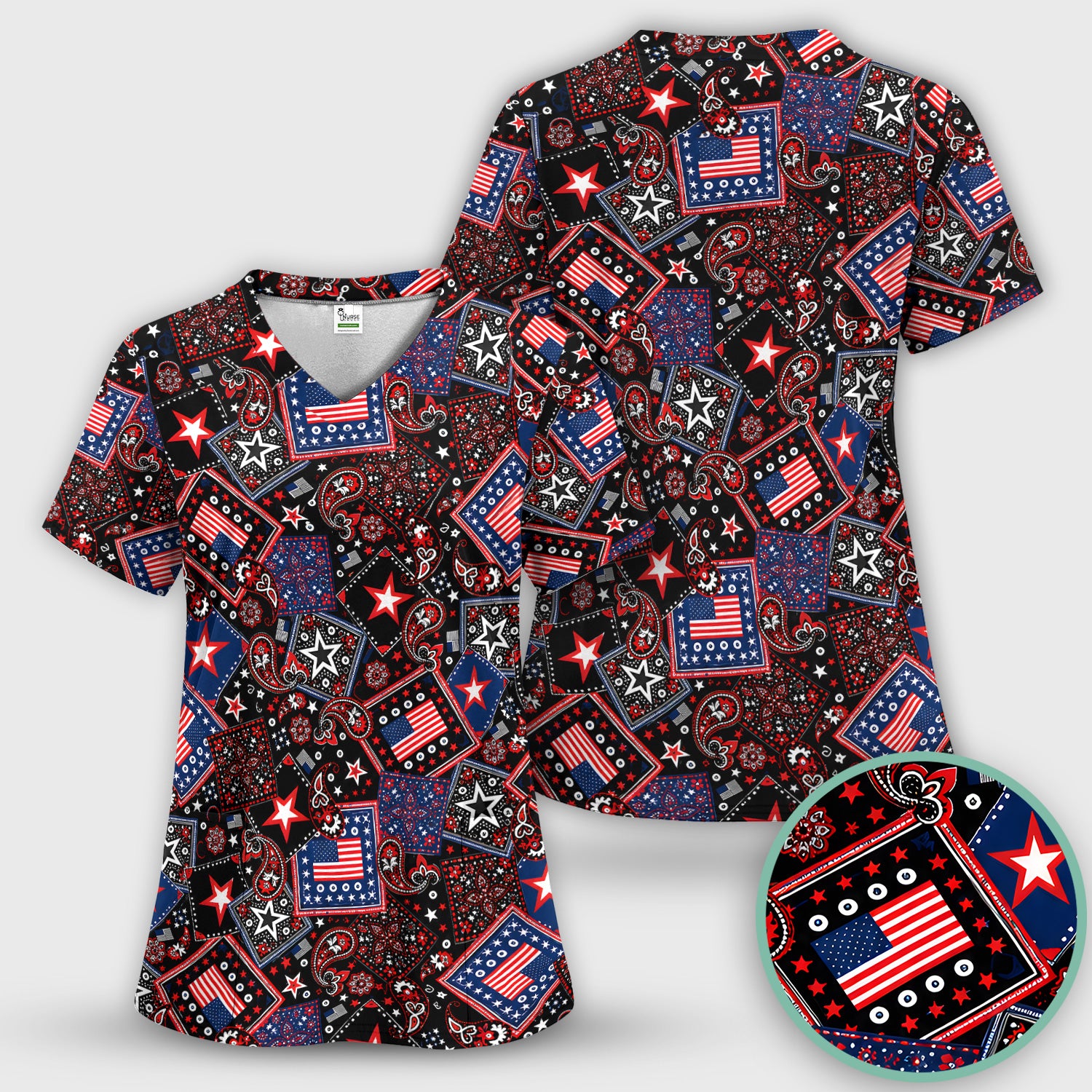 Patriotic Bandana With USA Flag Pattern Scrub Set, Scrub Pants and V Neck Top