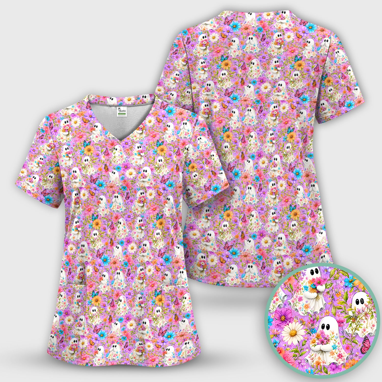 Cute Halloween Floral Ghosts And Butterflies Scrub Top, Comfortable Scrubs for Nurses