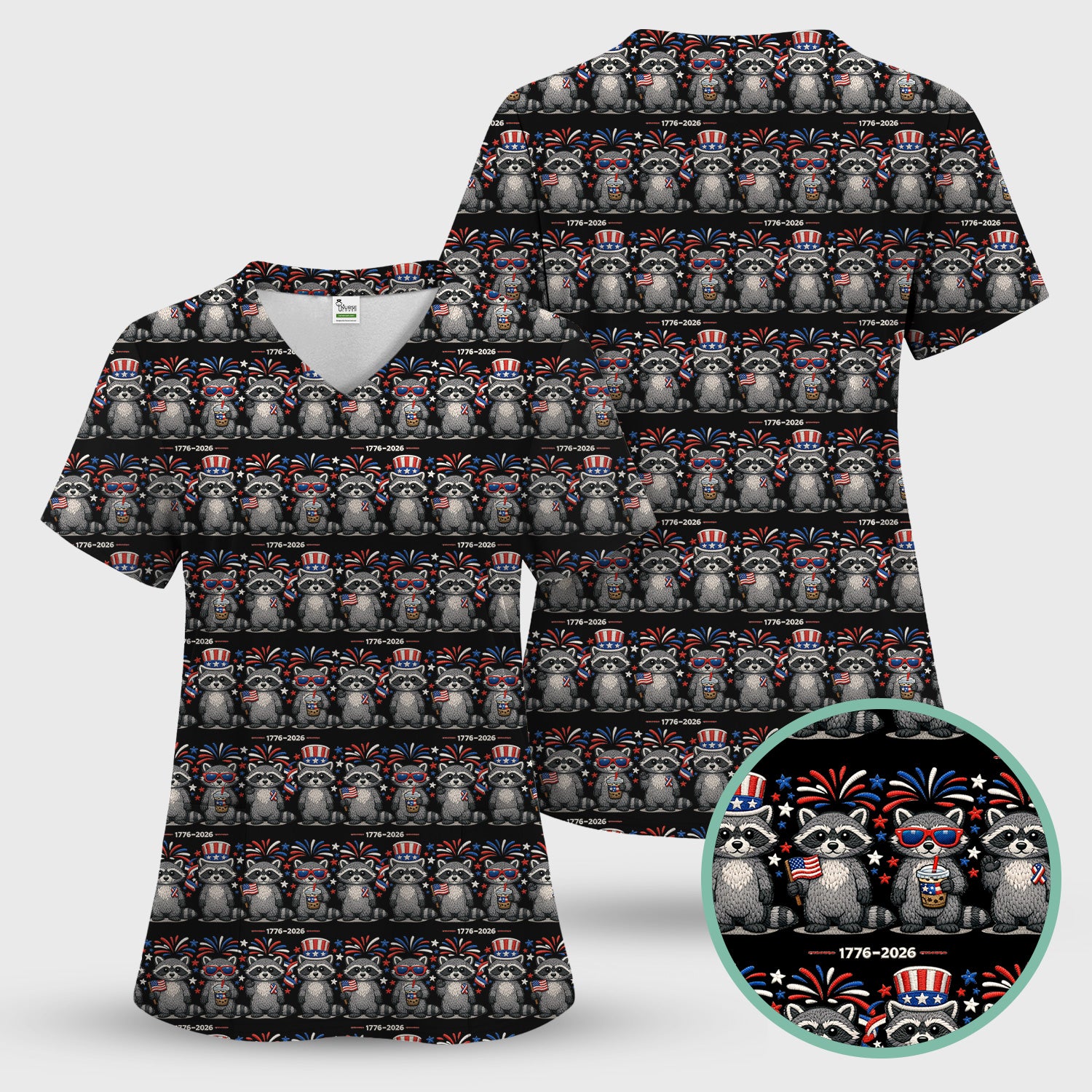 Patriotic Raccoon Fireworks Stripe Pattern Scrub Set, Scrub Pants and V Neck Top