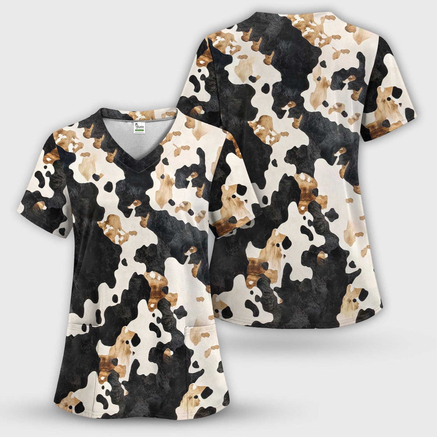 Classic Cow Print Pattern Scrub Top, Breathable Fabrics Nursing Uniform