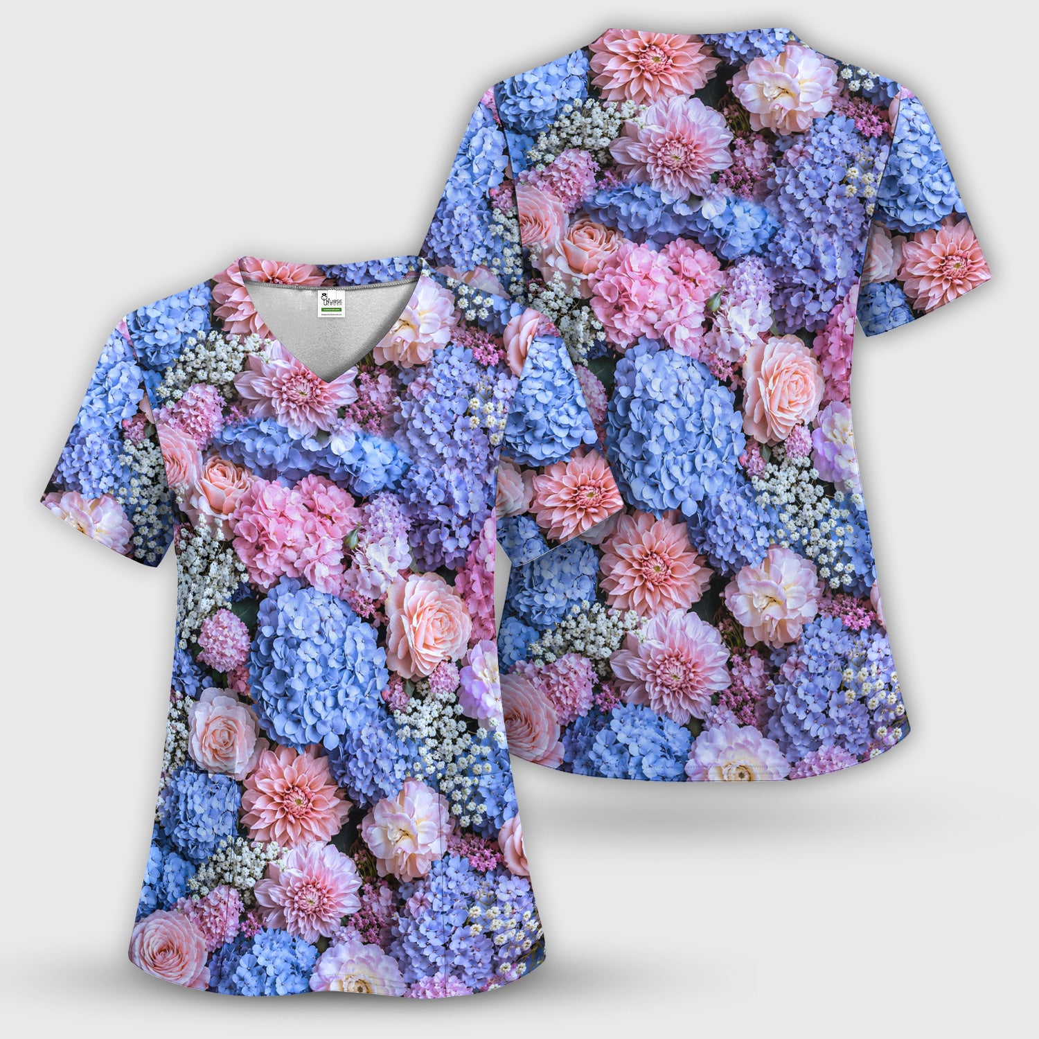 Cute Pastel Hydrangea Rose Blossom Pattern Scrub Top, Comfortable Scrubs for Nurses