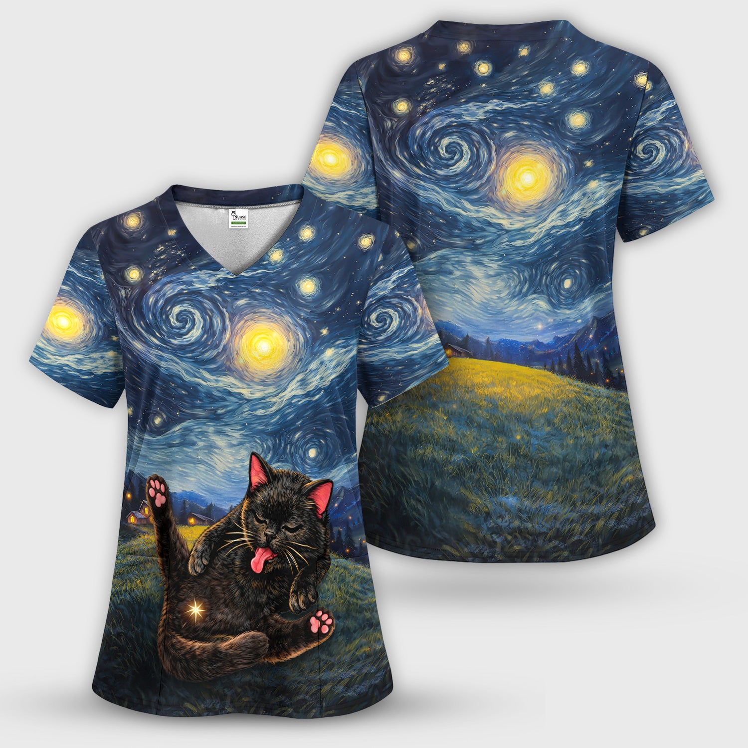 Funny Black Cat Cosmic Night Sky Pattern Scrub Top, Comfortable Scrubs for Nurses