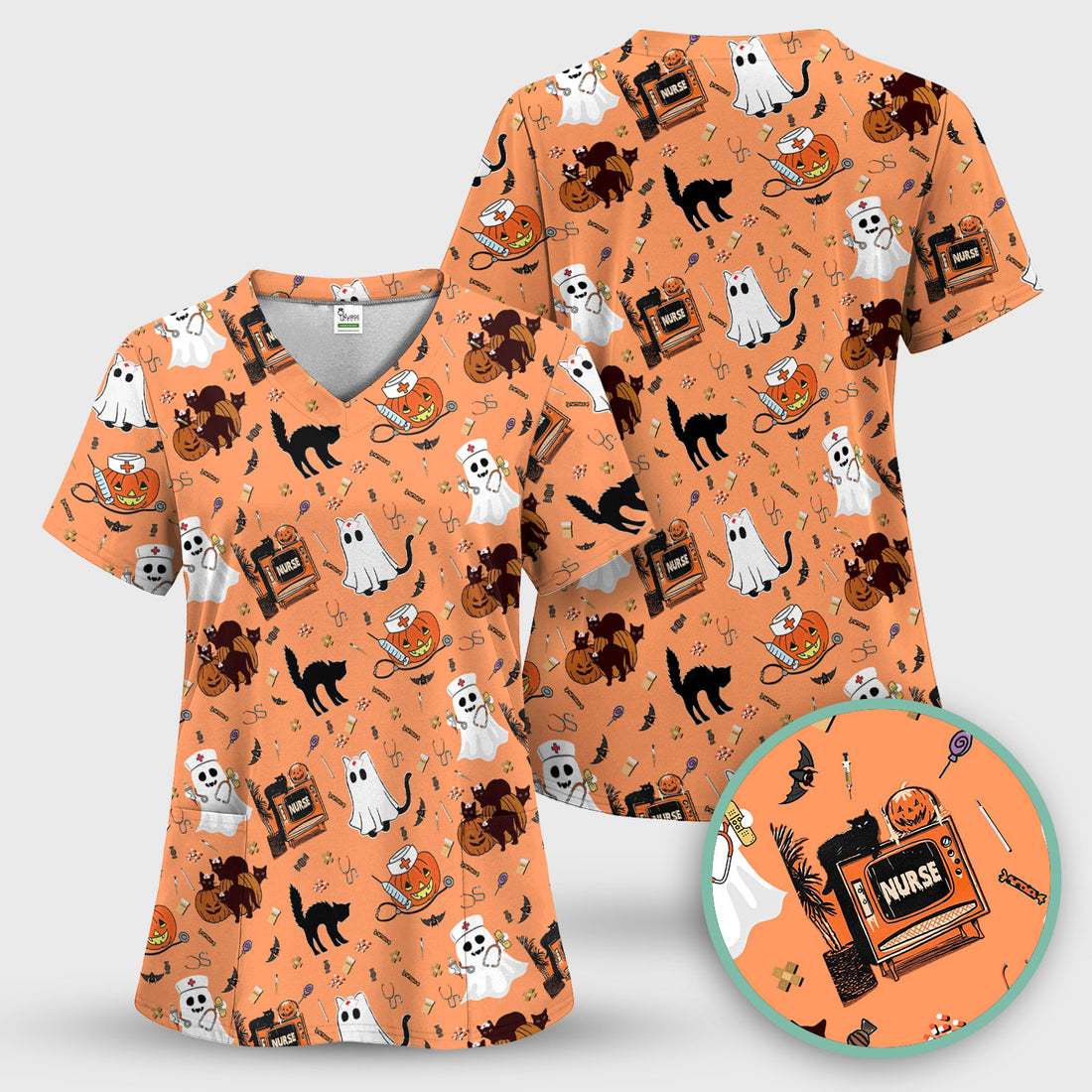 Halloween Scrub Top for Nurse - Cute Pumpkin Ghost Cat Medical Shirt - Spooky Scrubs for Women RN CNA LPN