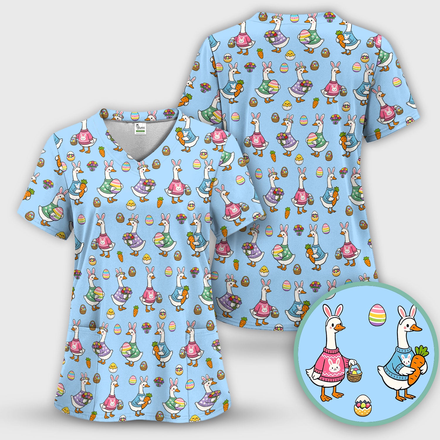 Cute Easter Goose Pattern Scrub Top, Breathable Fabrics Nursing Uniform