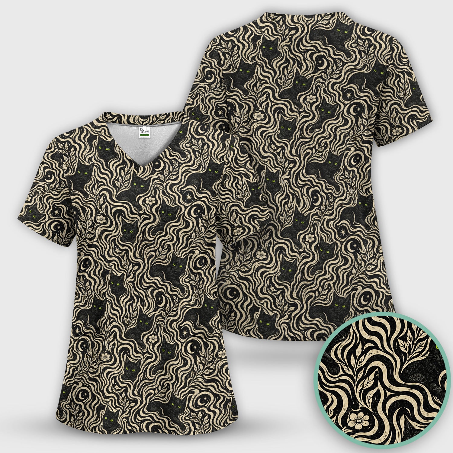 Mystical Black Cat Moonlit Pattern Scrub Top, Comfortable Scrubs for Nurses