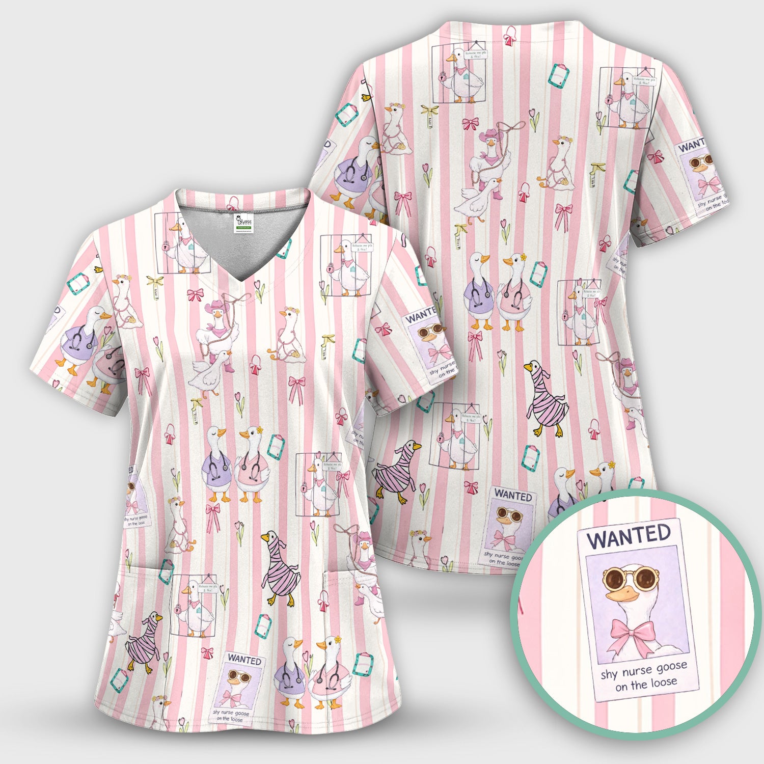 Cute Nurse Duck Stripe Pattern Scrub Top, Comfortable Scrubs for Nurses
