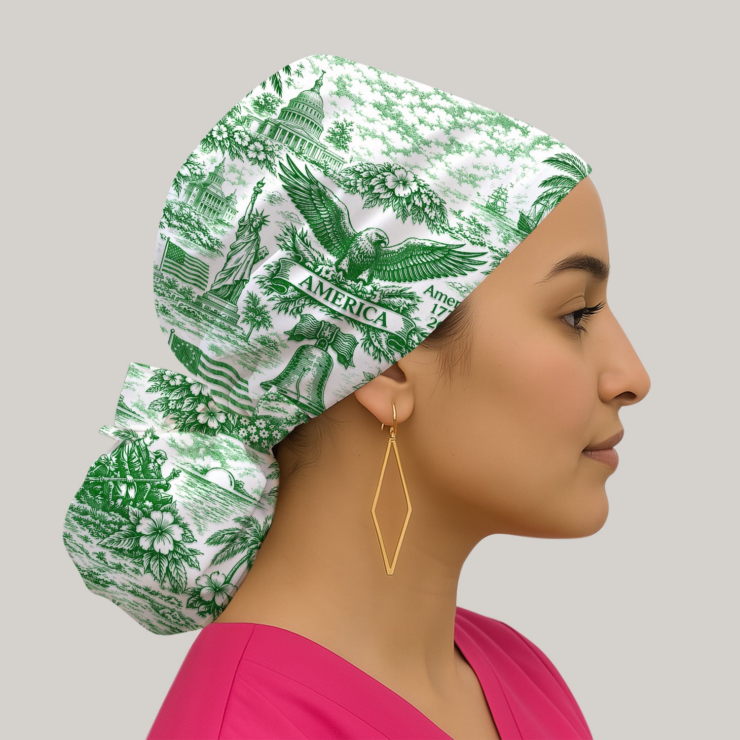 Patriotic America Heritage Toile Pattern Cap, Bouffant Scrub Caps for Women