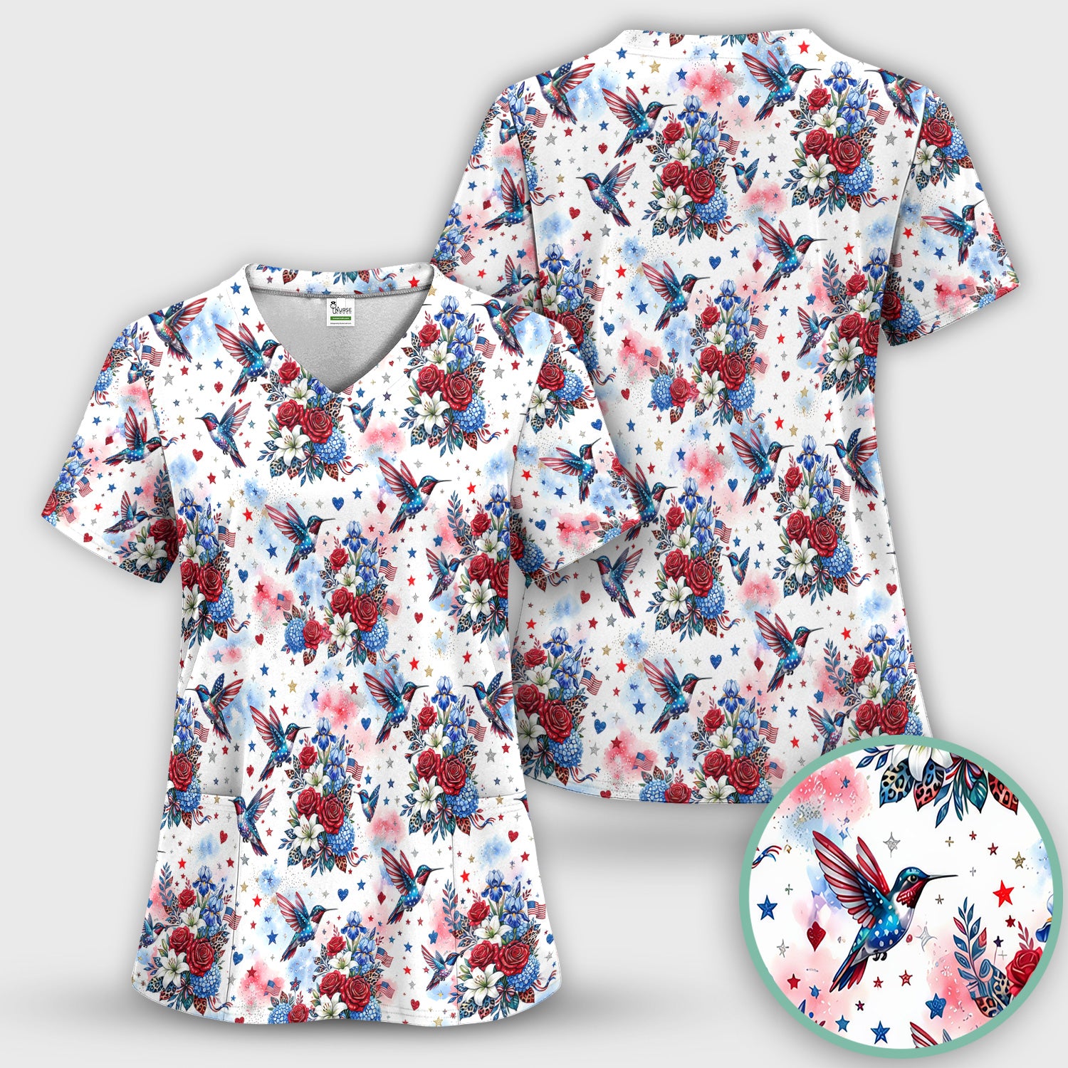 Patriotic Hummingbird Floral Bouquet Pattern Scrub Top, Comfortable Scrubs for Nurses