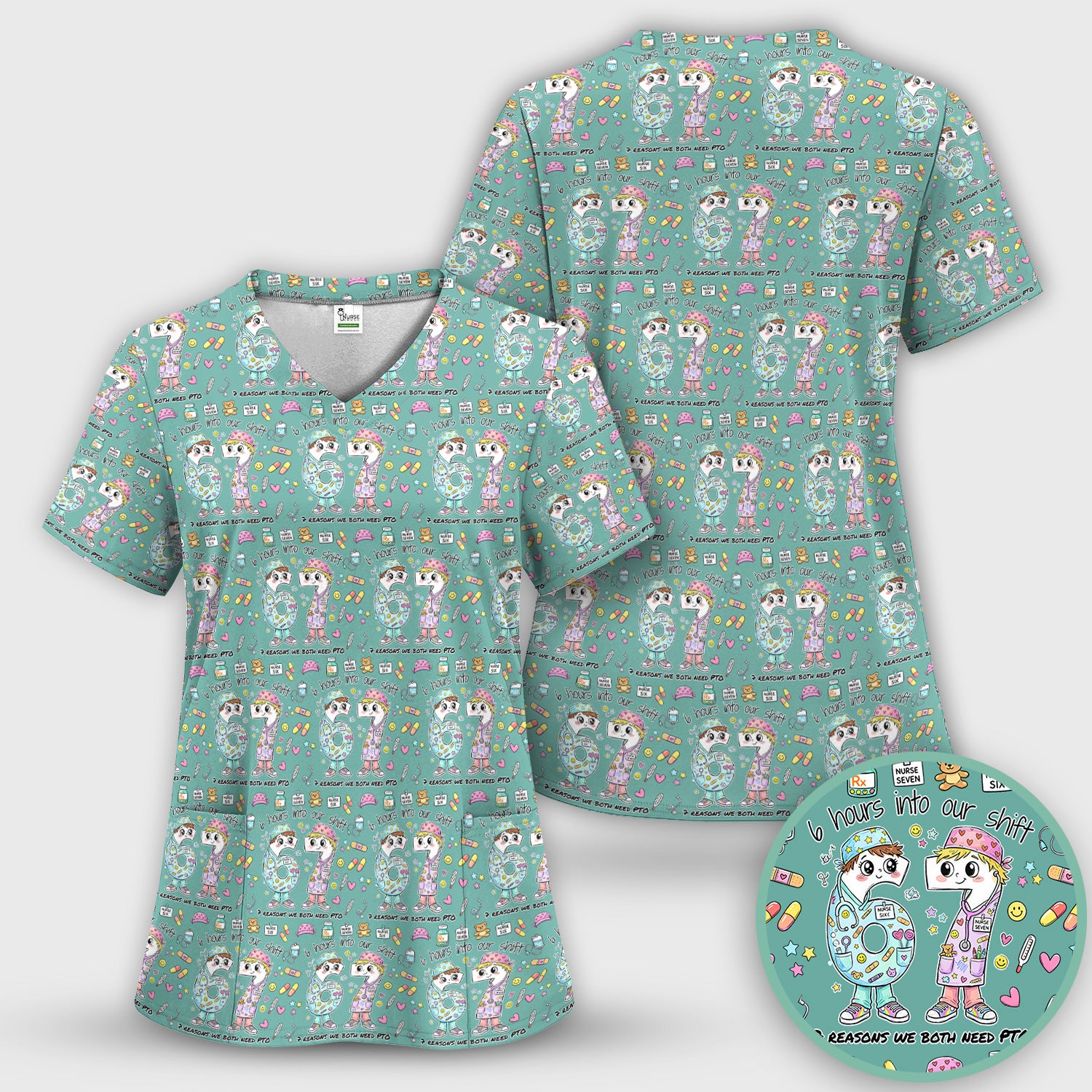 Cartoon Characters Six Hours Into Shift With Medical Doodle Scrub Set, Breathable Med Uniform